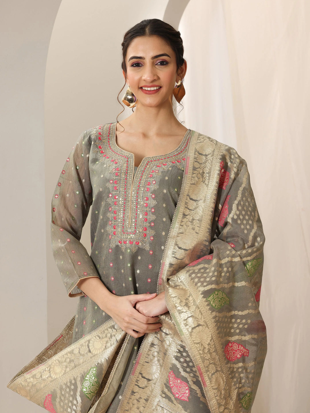  Grey Woven Design Chanderi Silk Straight Suit Set With Dupatta 