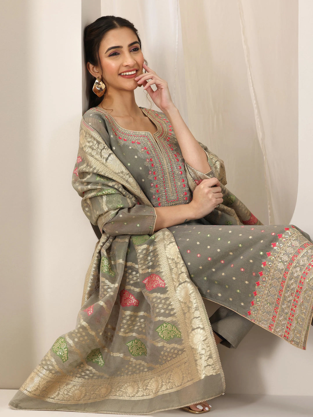  Grey Woven Design Chanderi Silk Straight Suit Set With Dupatta 