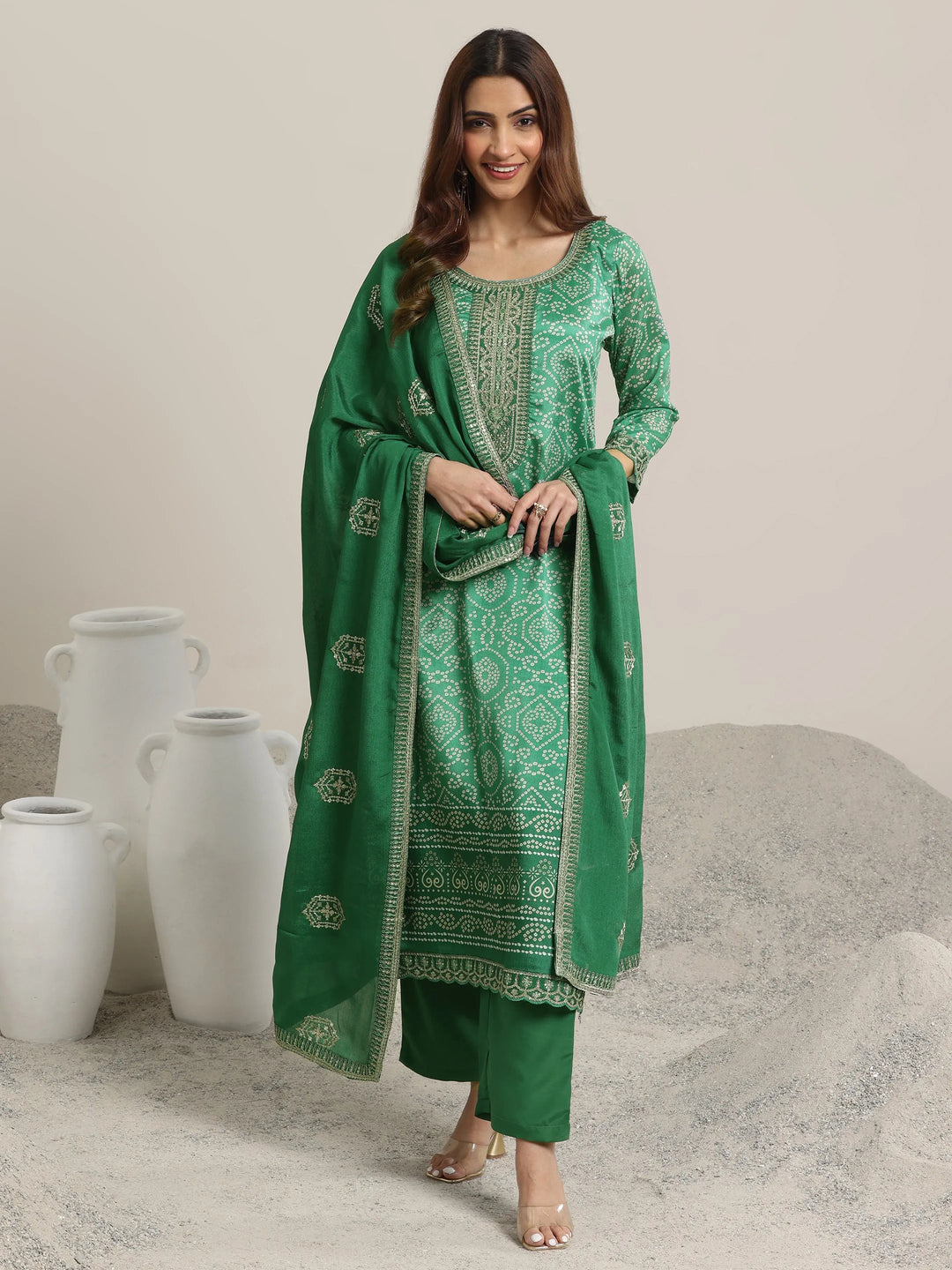  Green Printed Chinon Straight  Suits With Dupatta 