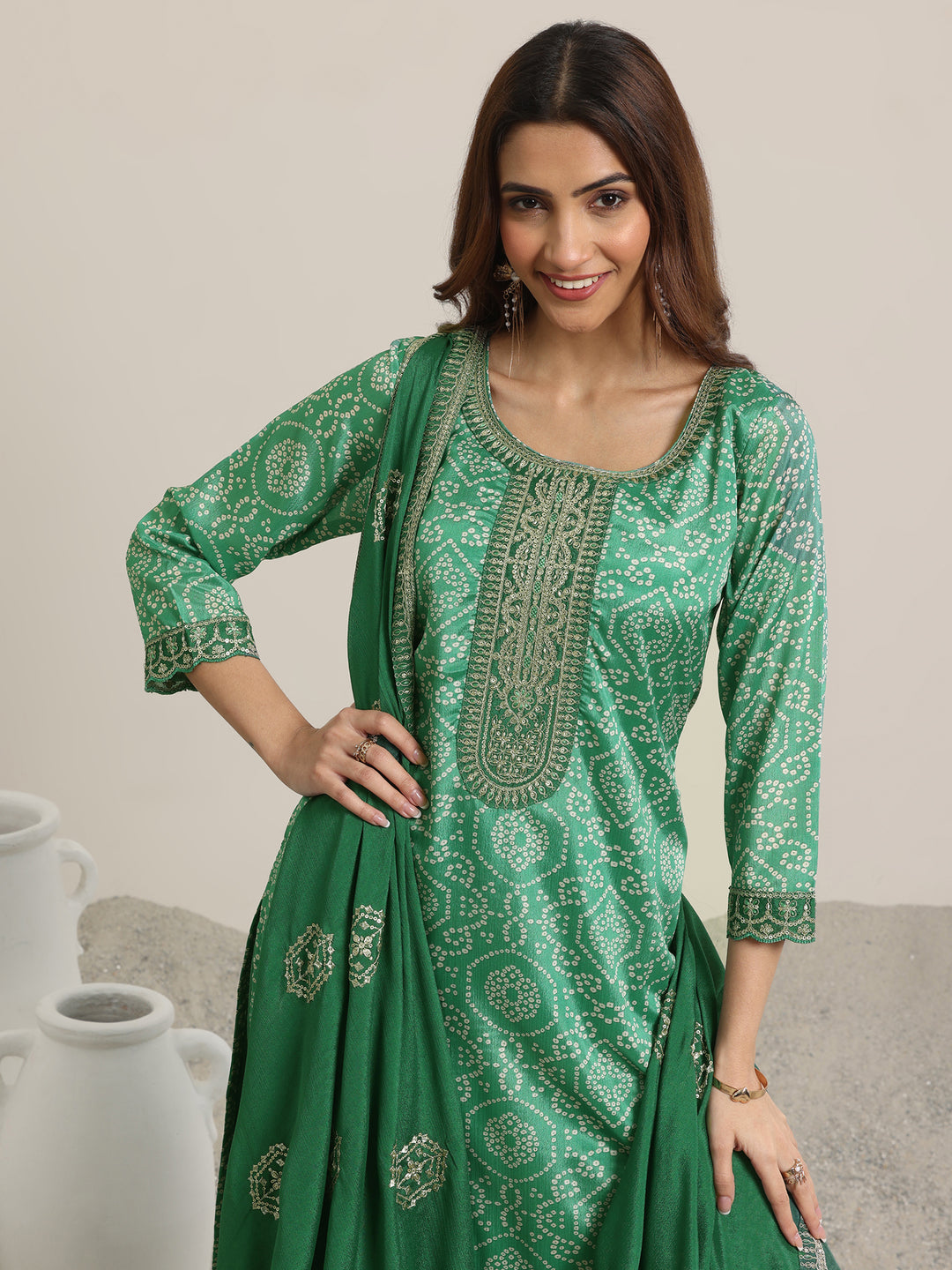  Green Printed Chinon Straight  Suits With Dupatta 