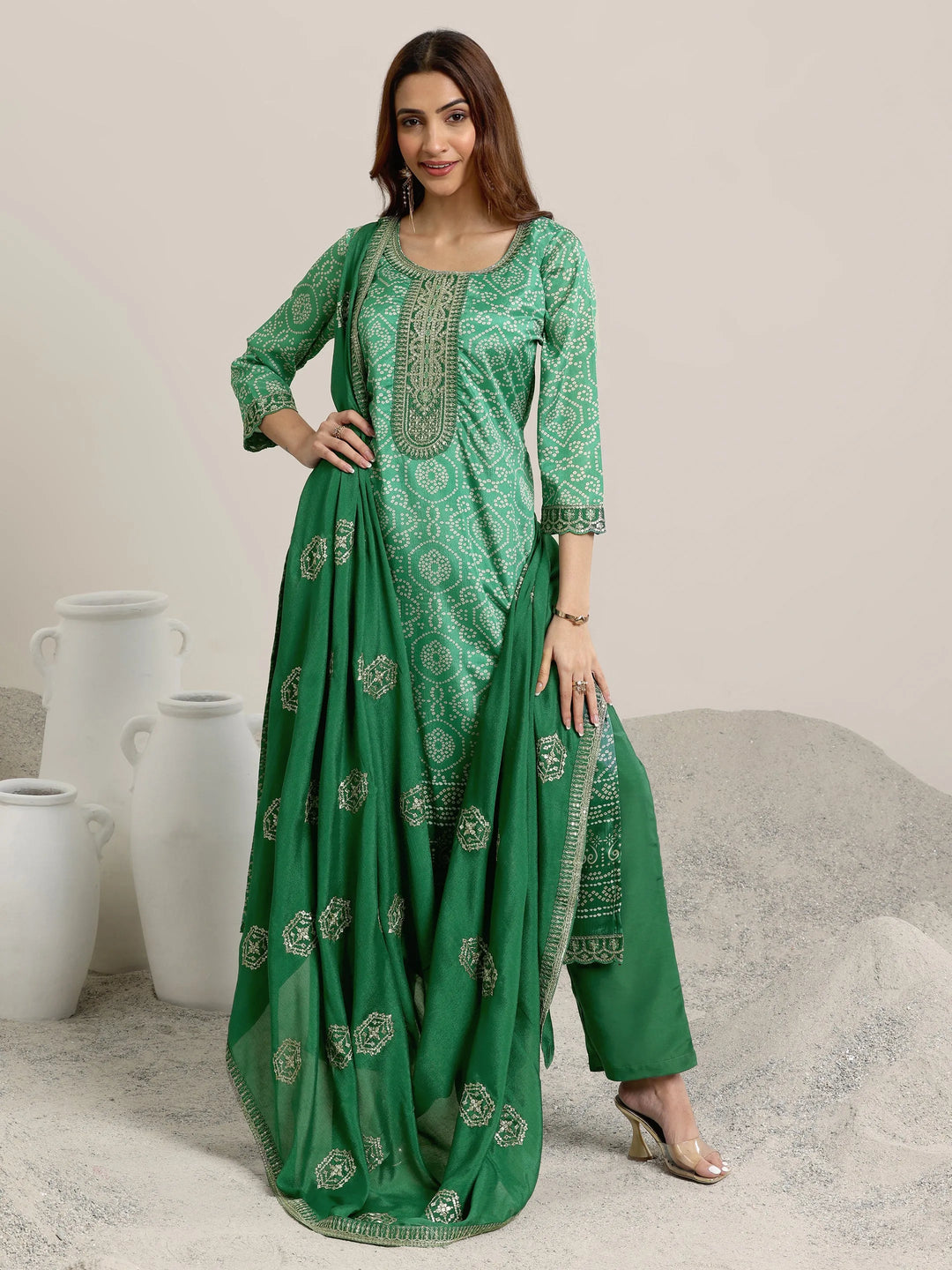  Green Printed Chinon Straight  Suits With Dupatta 