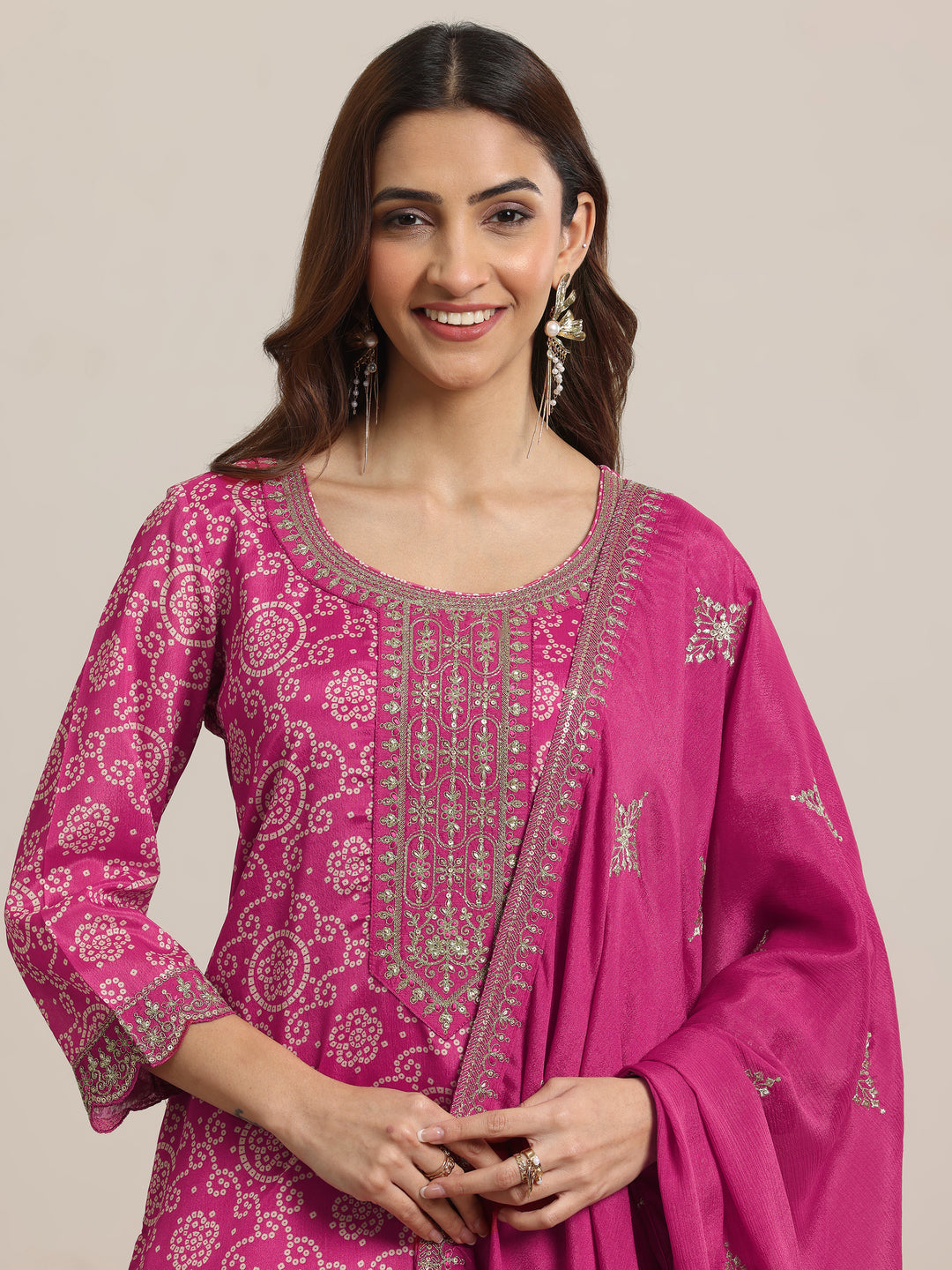  Pink Printed Chinon Straight Suit Set With Dupatta 