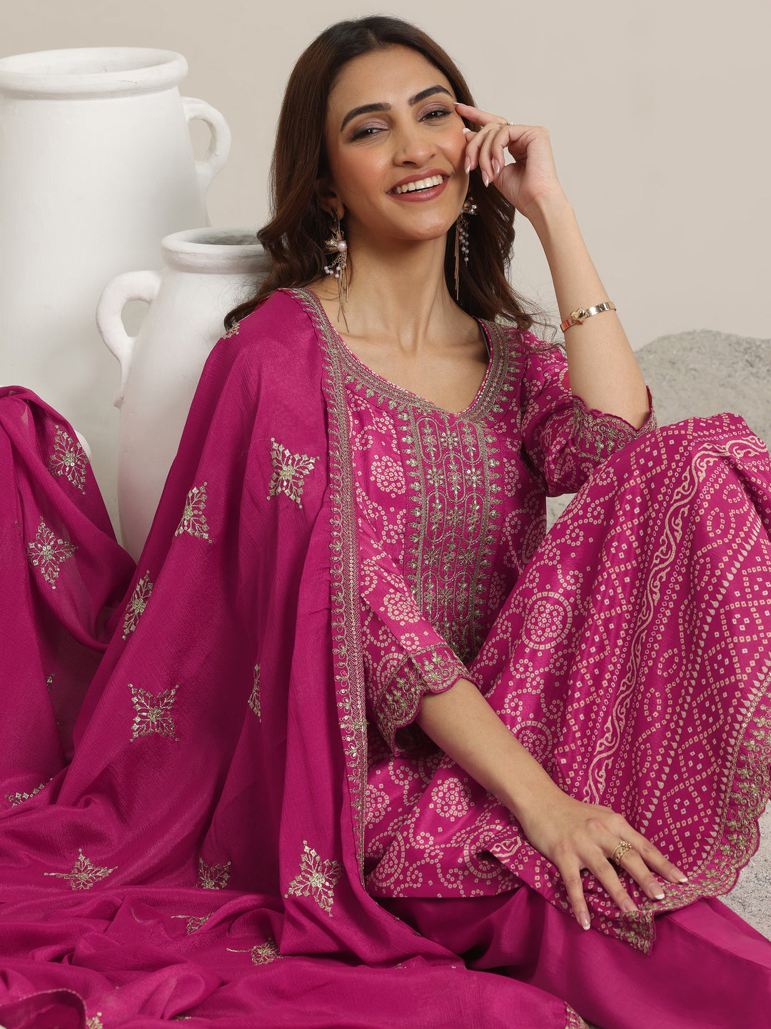  Pink Printed Chinon Straight Suit Set With Dupatta 