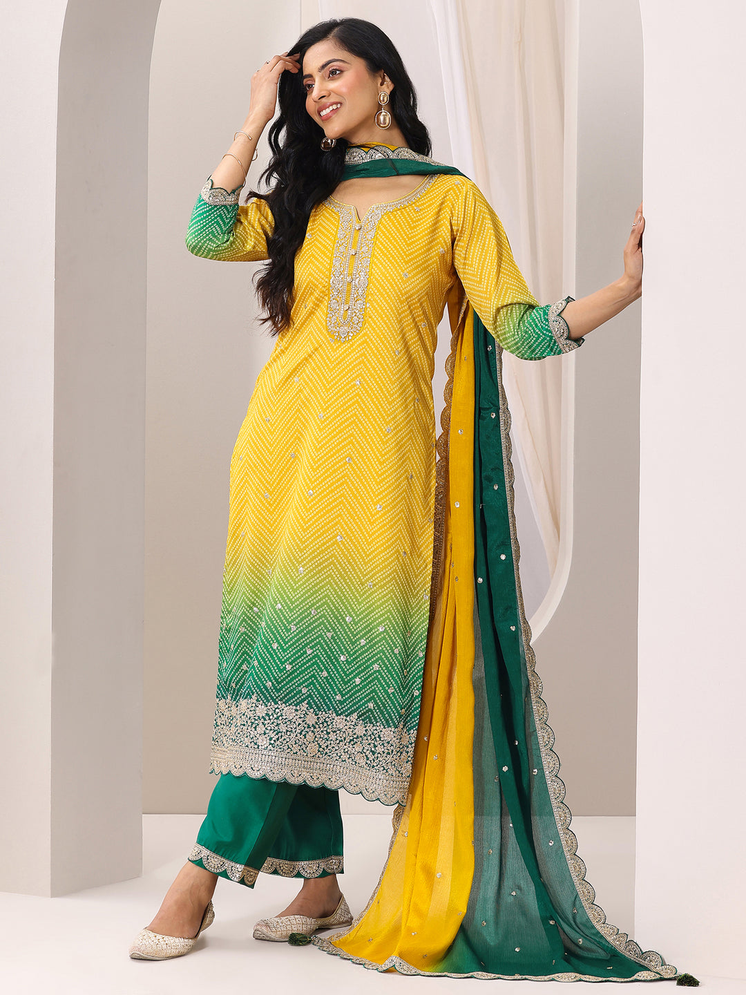 Mustard Printed Chinon Straight Suit Set With Dupatta