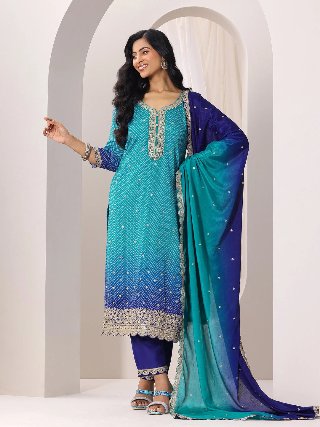  Blue Printed Chinon Straight Suit Set With Dupatta 