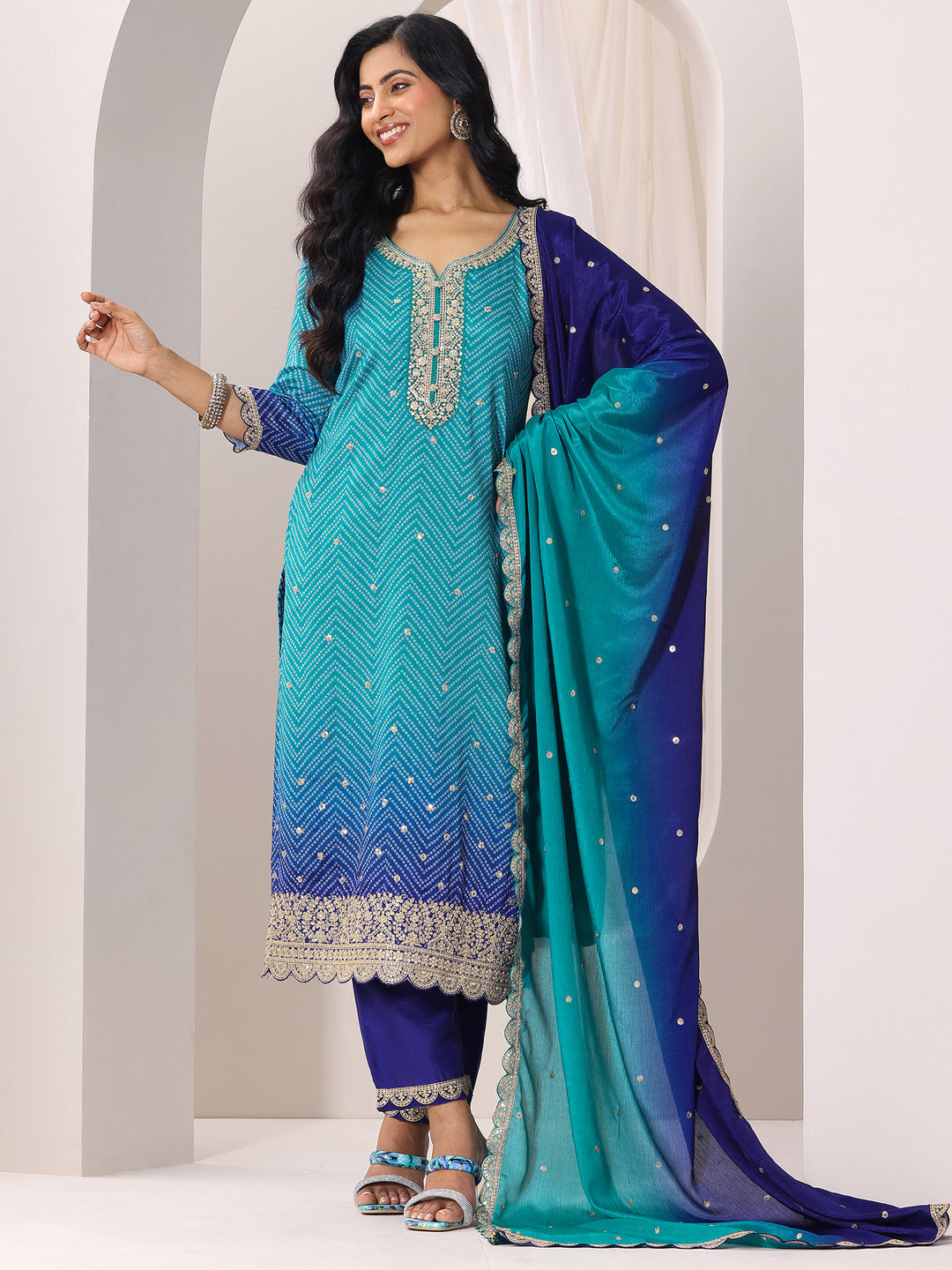  Blue Printed Chinon Straight Suit Set With Dupatta 