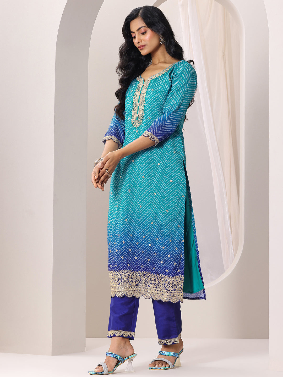  Blue Printed Chinon Straight Suit Set With Dupatta 