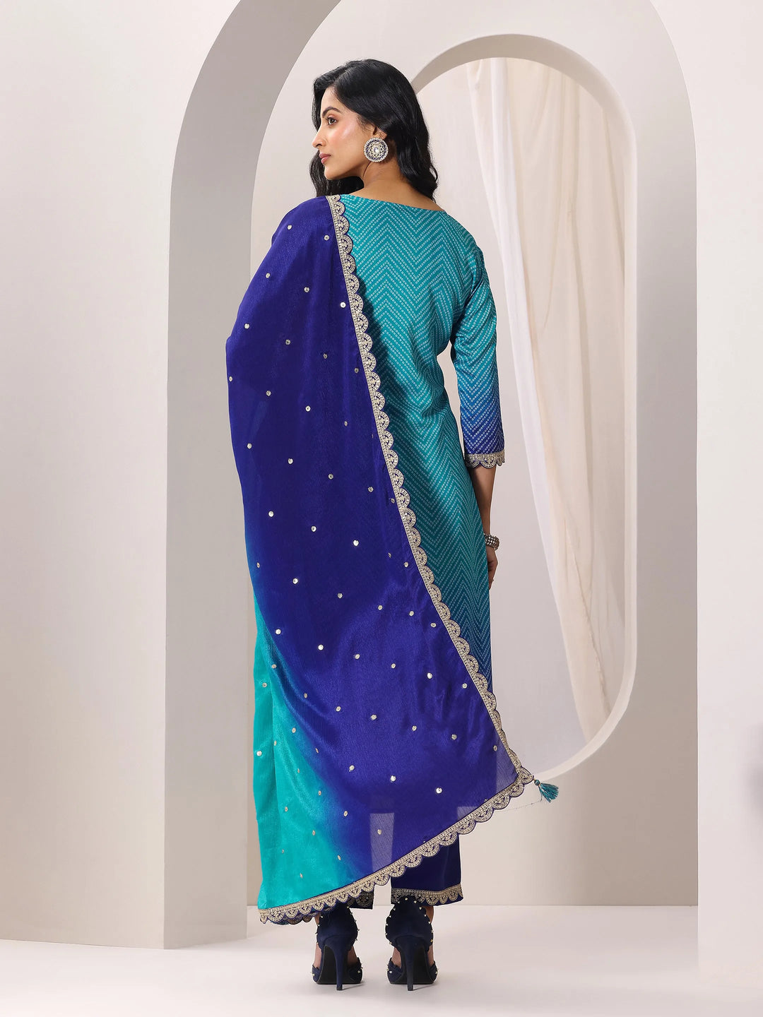  Blue Printed Chinon Straight Suit Set With Dupatta 