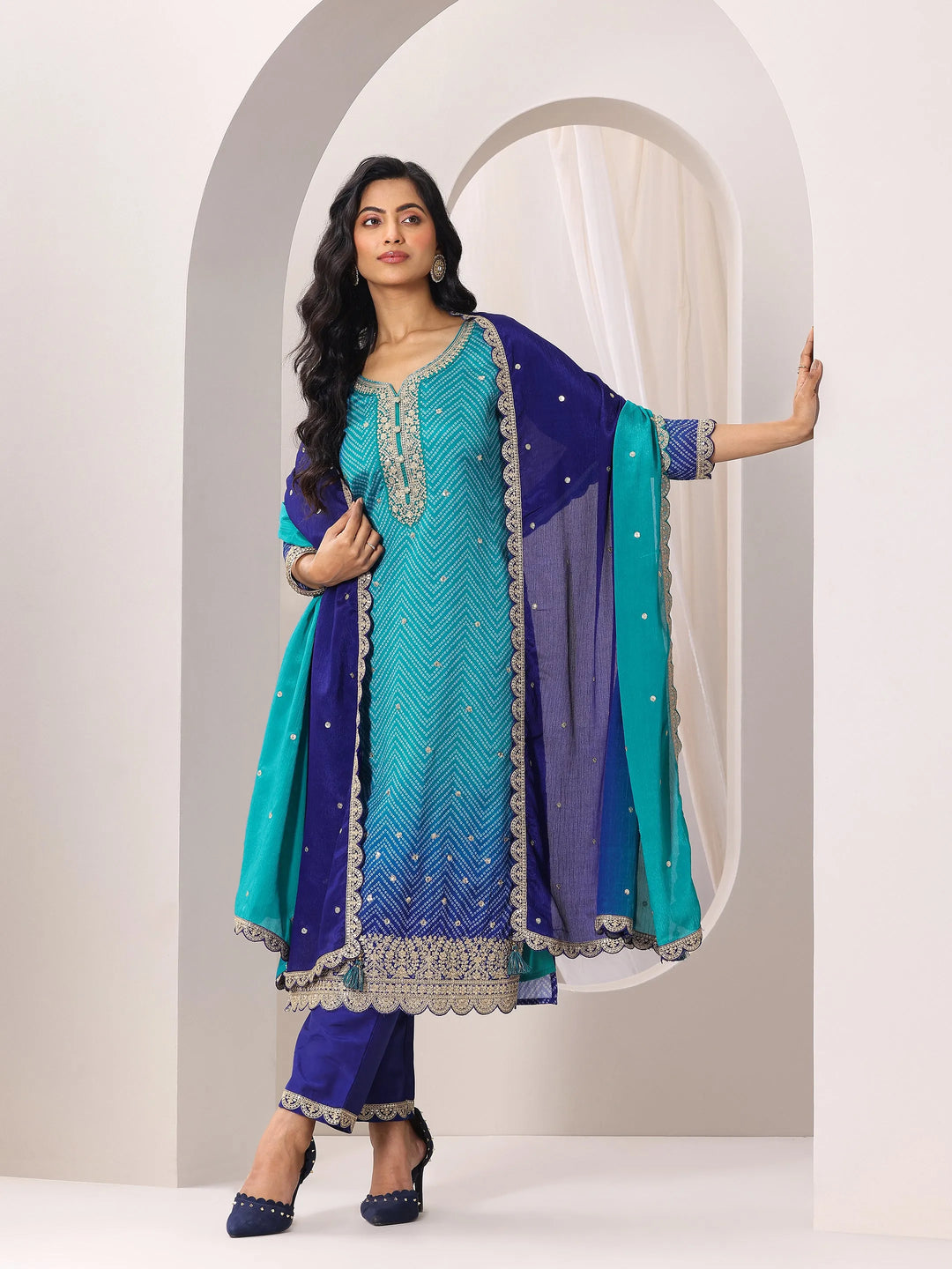  Blue Printed Chinon Straight Suit Set With Dupatta 