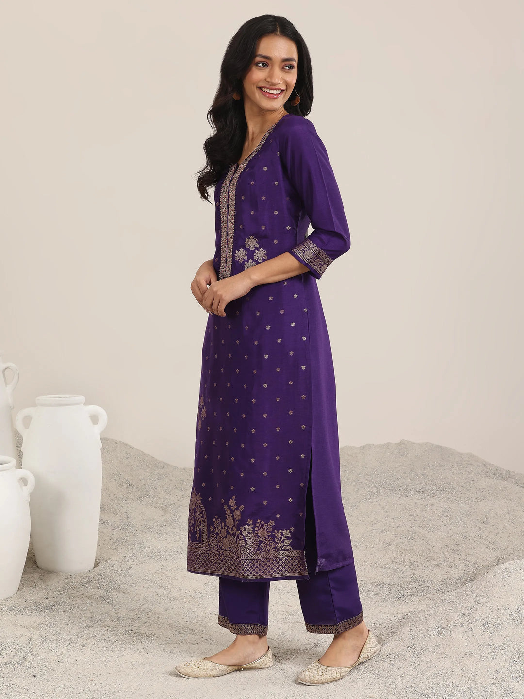  Purple Woven Design Silk Blend Straight Suit With Dupatta 