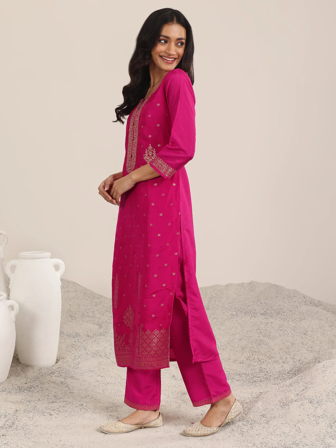  Pink Woven Design Silk Blend Straight Suit With Dupatta 