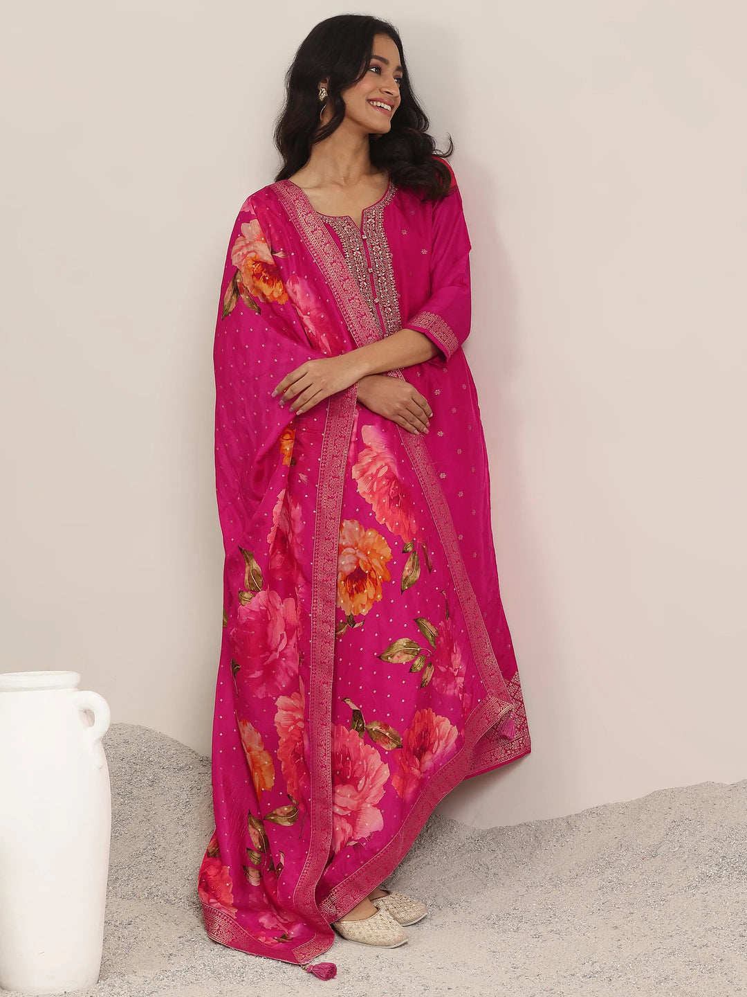  Pink Woven Design Silk Blend Straight Suit With Dupatta 