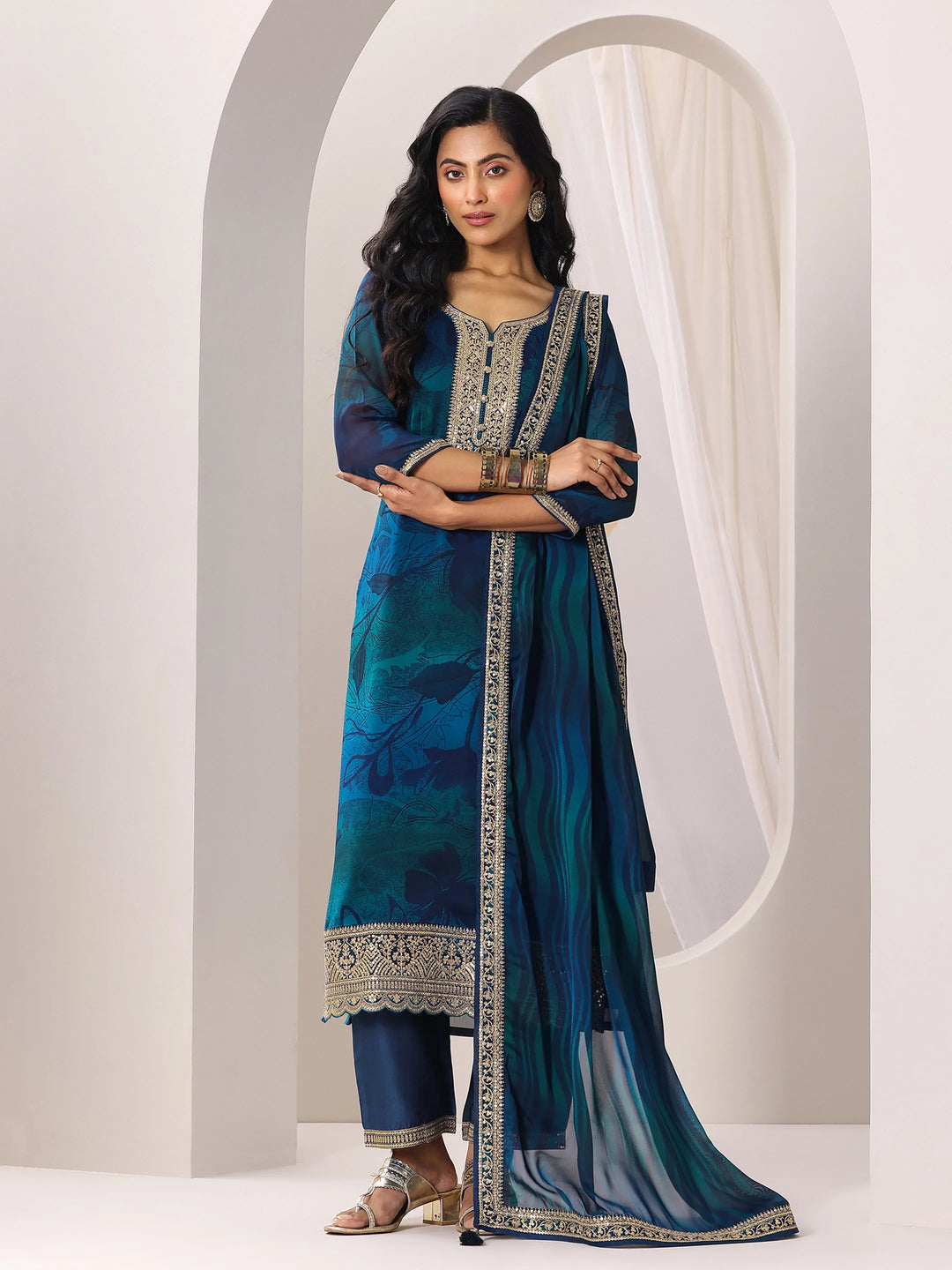  Teal Printed Silk Chiffon Straight Suit Set With Dupatta 