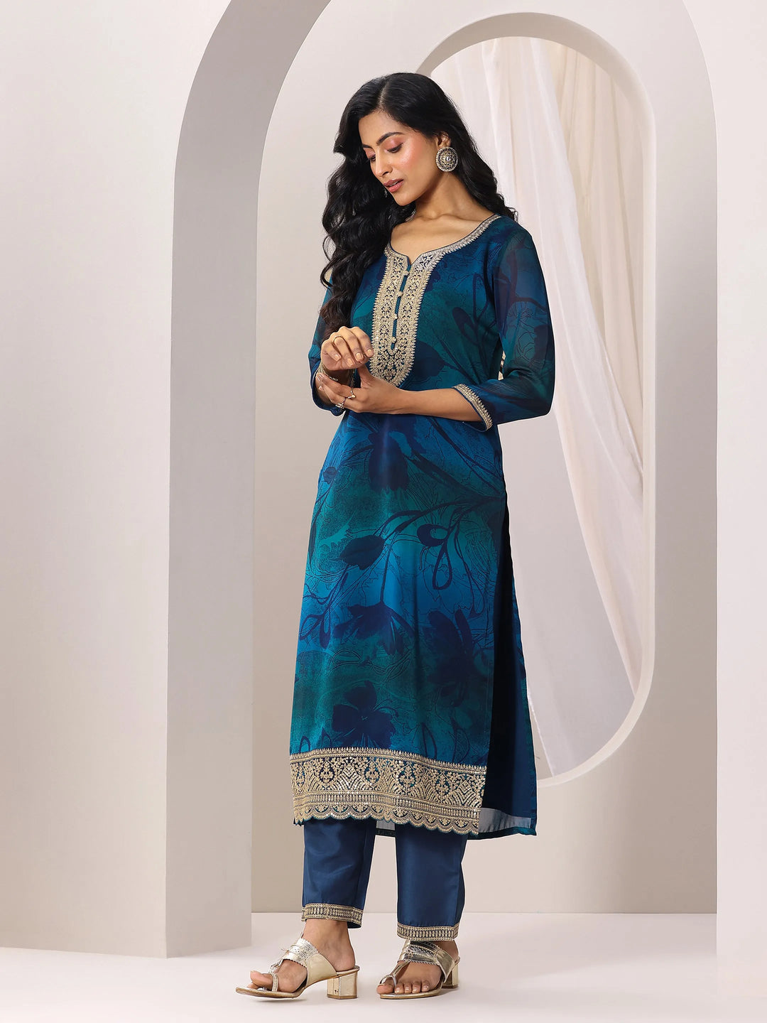  Teal Printed Silk Chiffon Straight Suit Set With Dupatta 