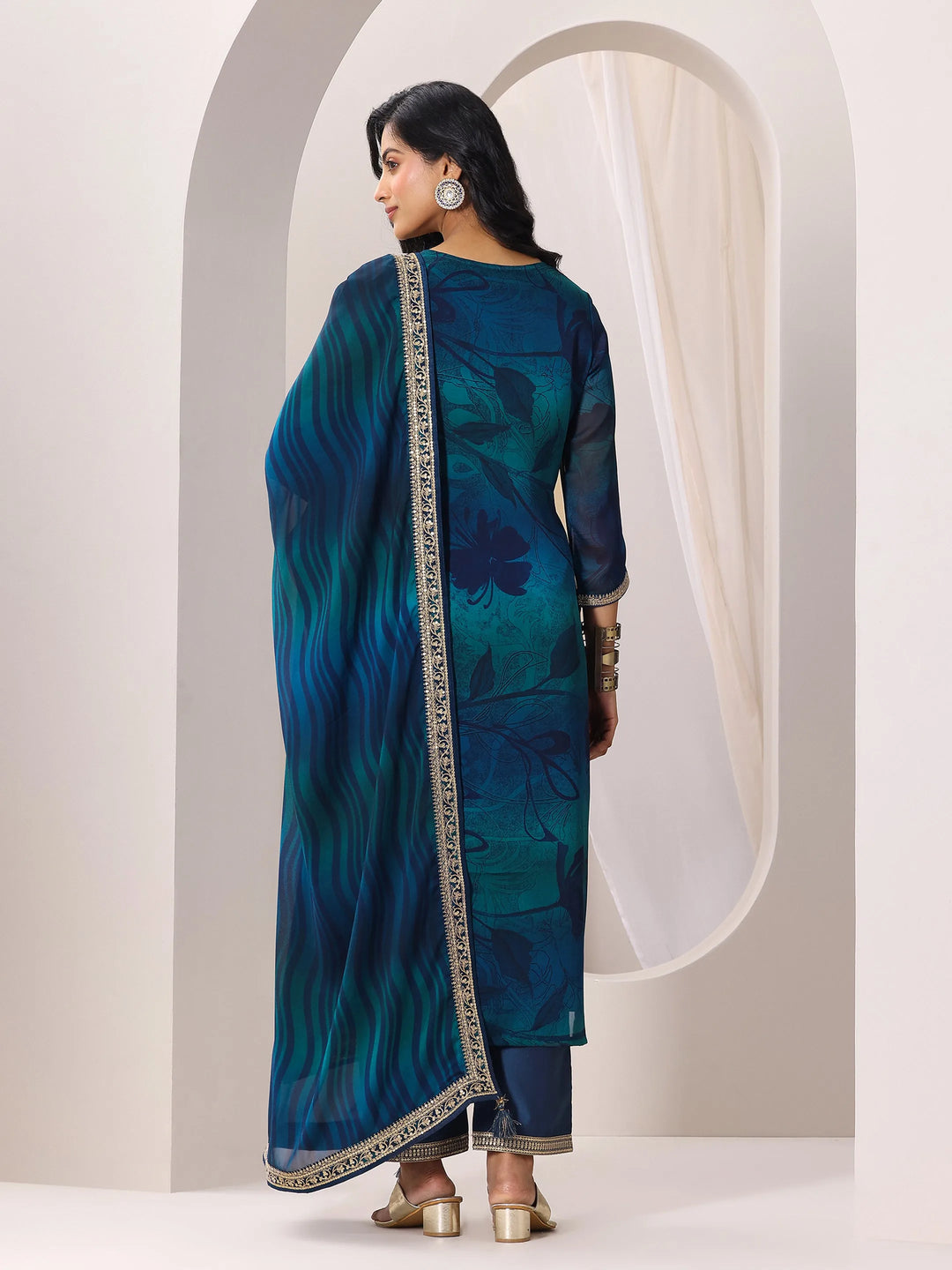  Teal Printed Silk Chiffon Straight Suit Set With Dupatta 