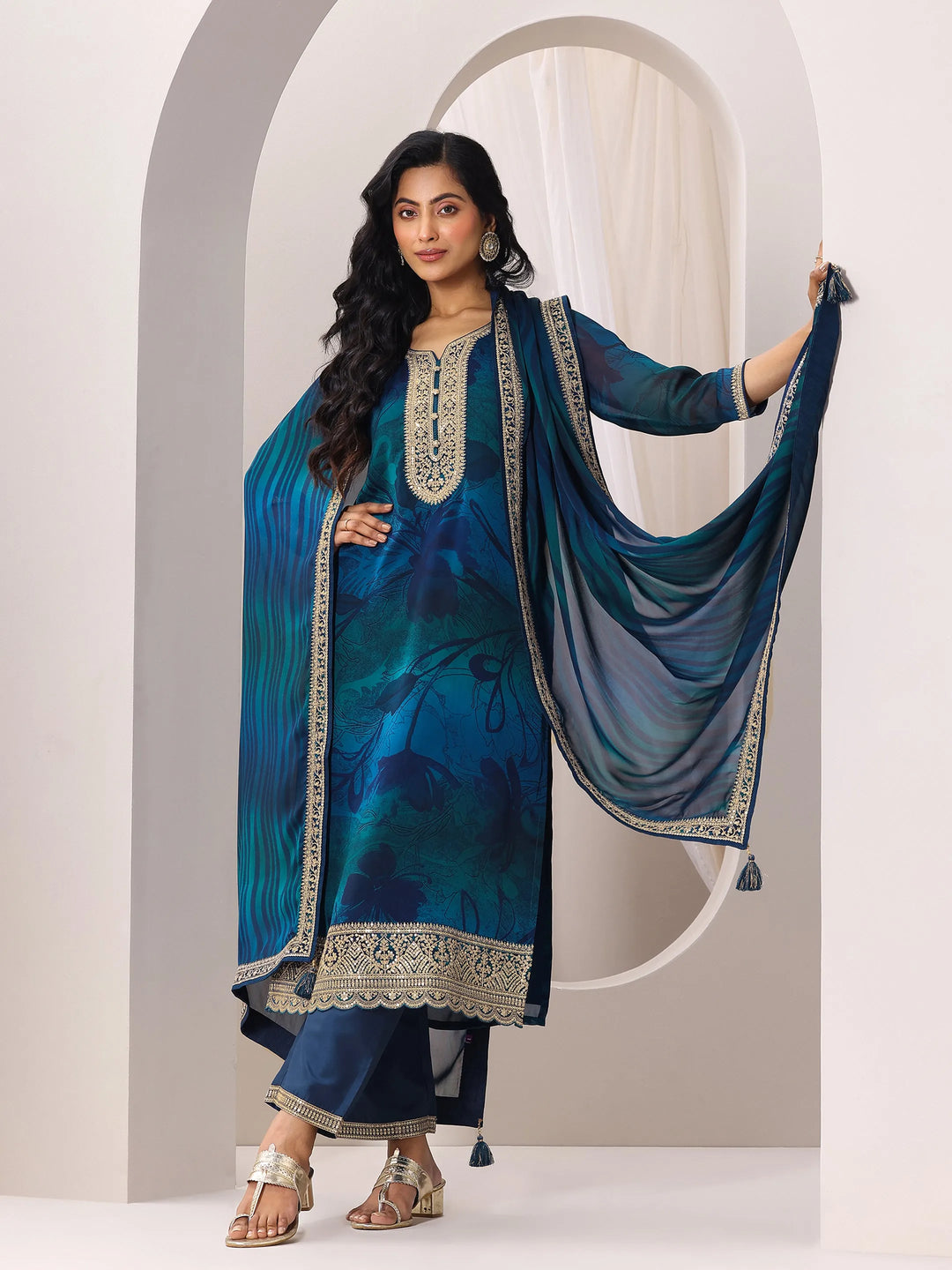  Teal Printed Silk Chiffon Straight Suit Set With Dupatta 