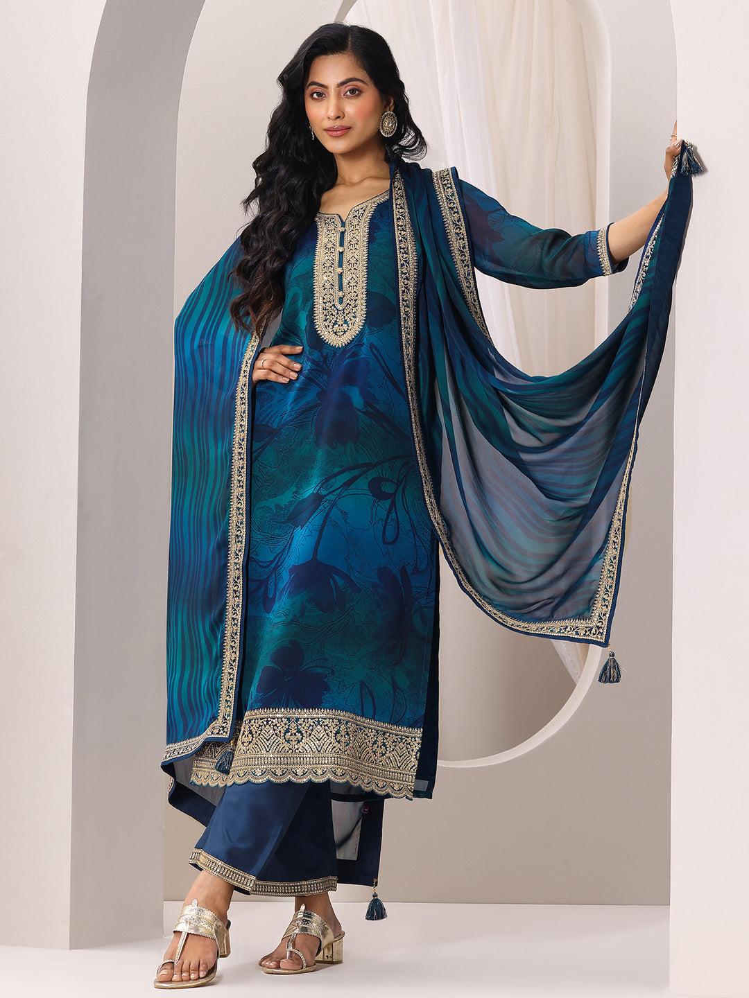 Teal Printed Silk Chiffon Straight Suit Set With Dupatta