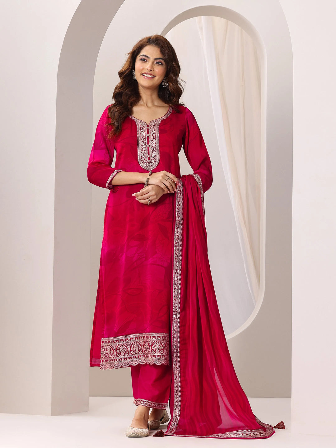  Red Printed Silk Chiffon Straight Suit Set With Dupatta 