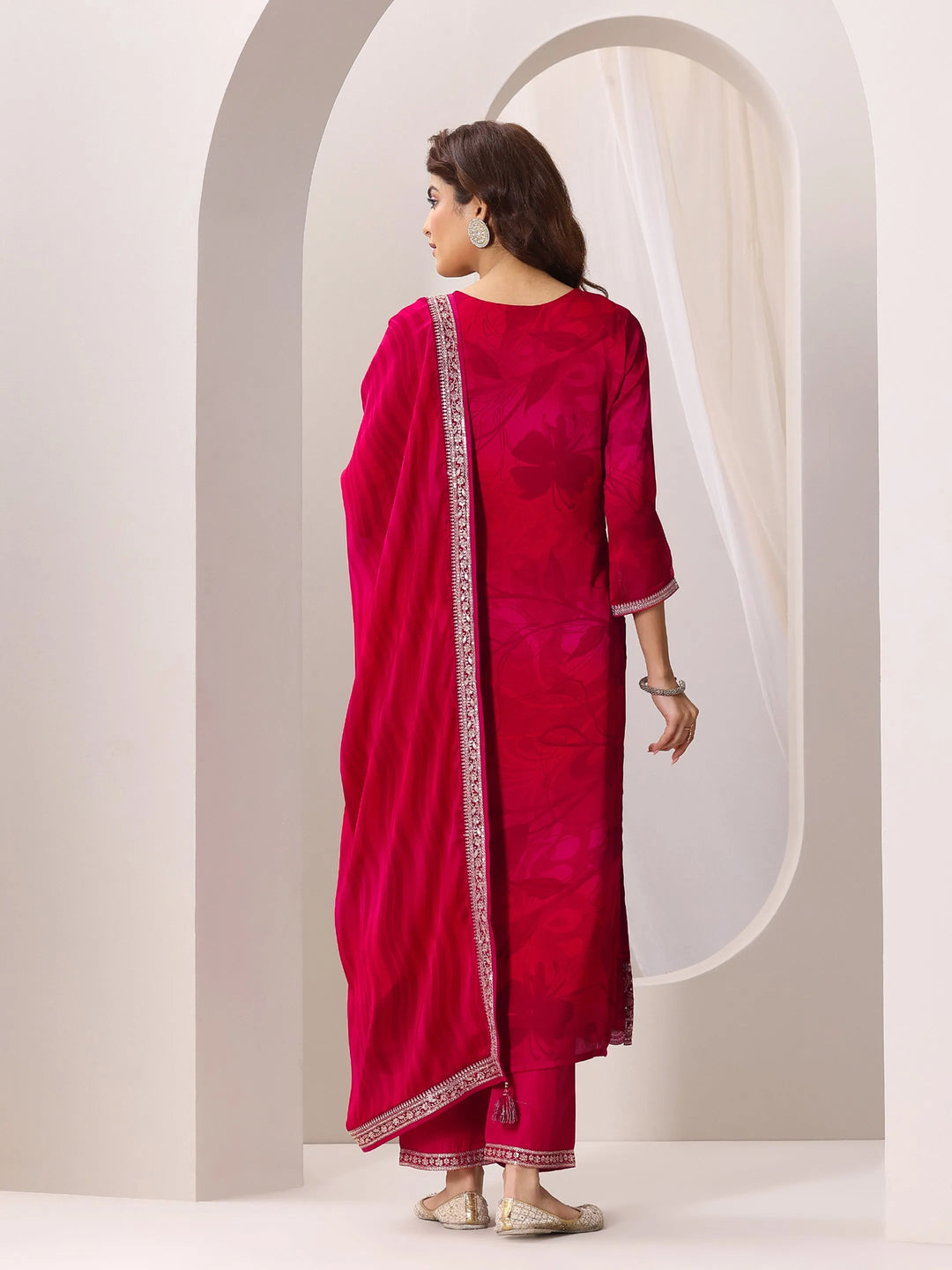  Red Printed Silk Chiffon Straight Suit Set With Dupatta 