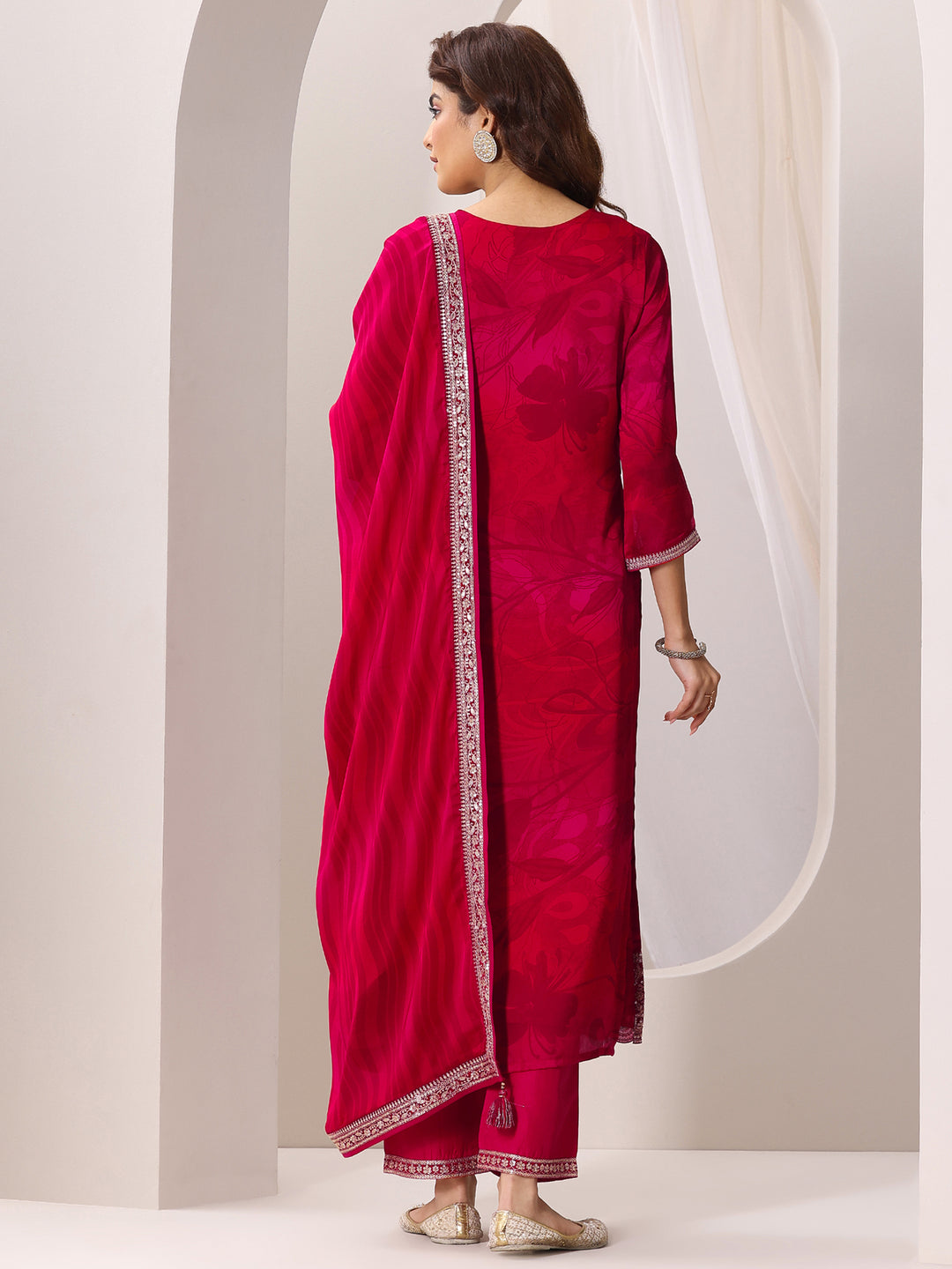  Red Printed Silk Chiffon Straight Suit Set With Dupatta 