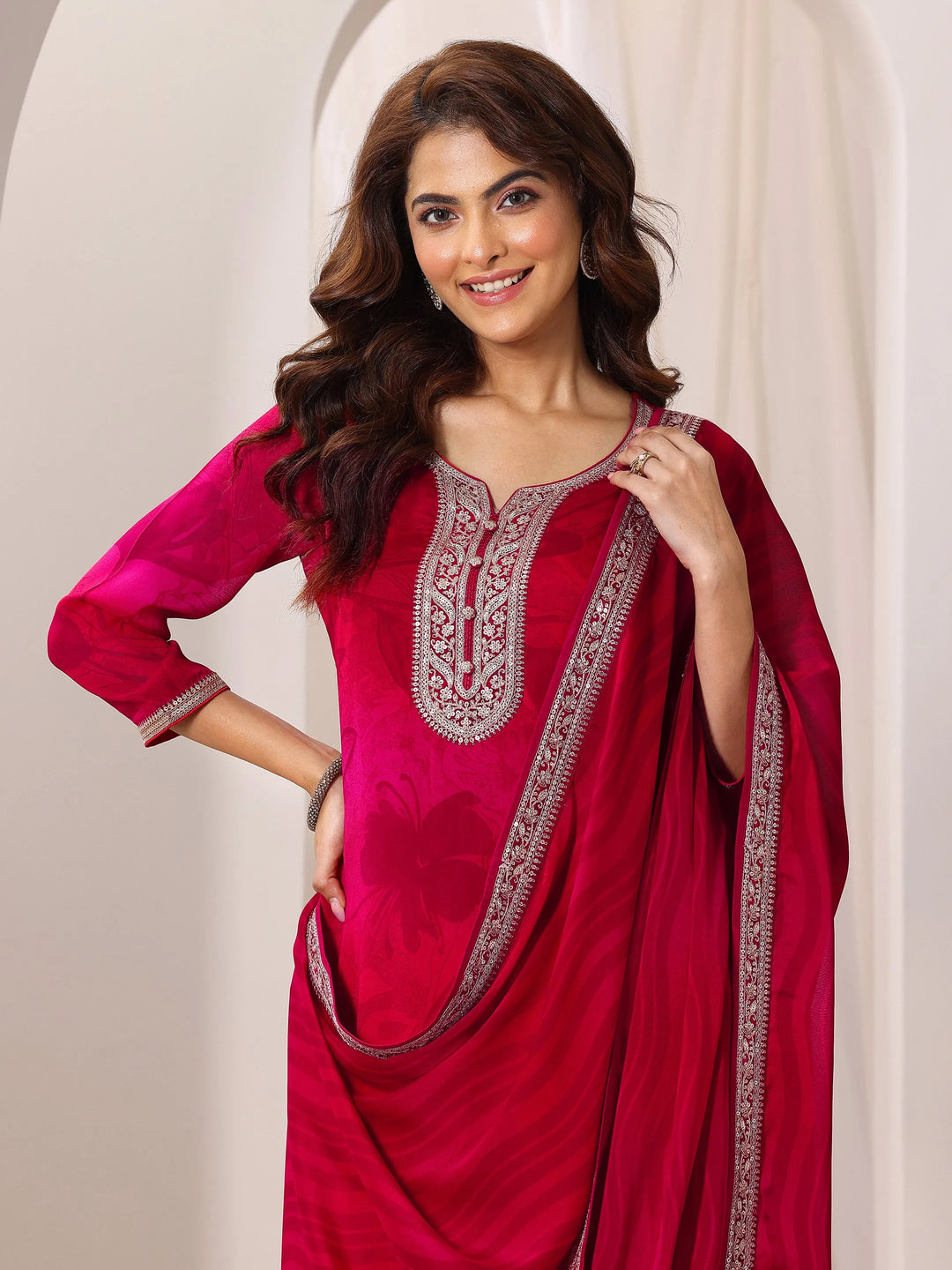  Red Printed Silk Chiffon Straight Suit Set With Dupatta 