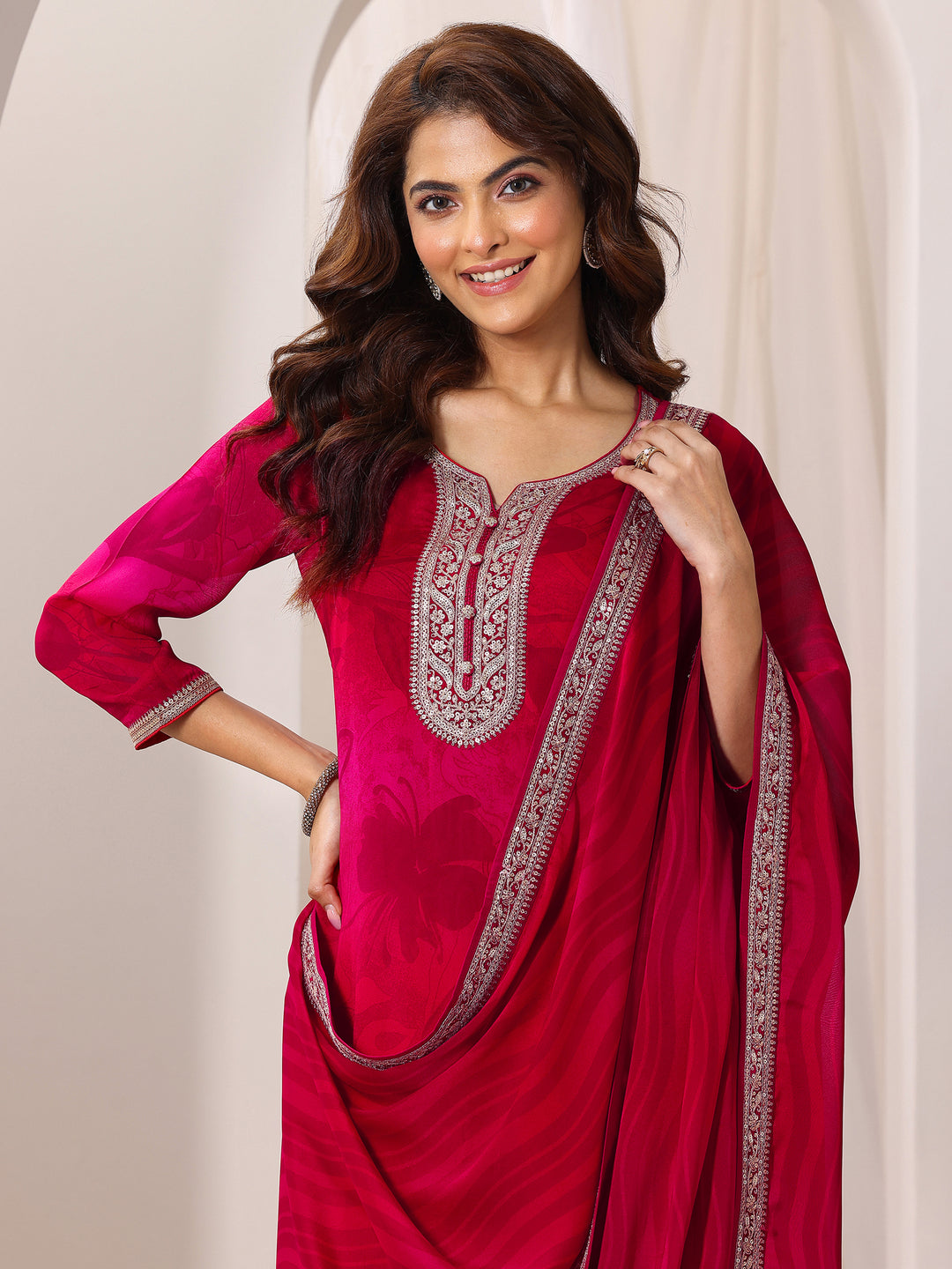  Red Printed Silk Chiffon Straight Suit Set With Dupatta 