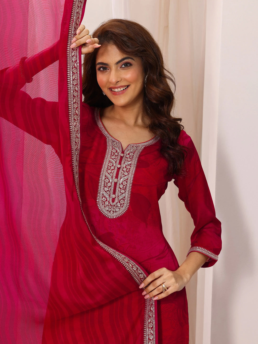  Red Printed Silk Chiffon Straight Suit Set With Dupatta 