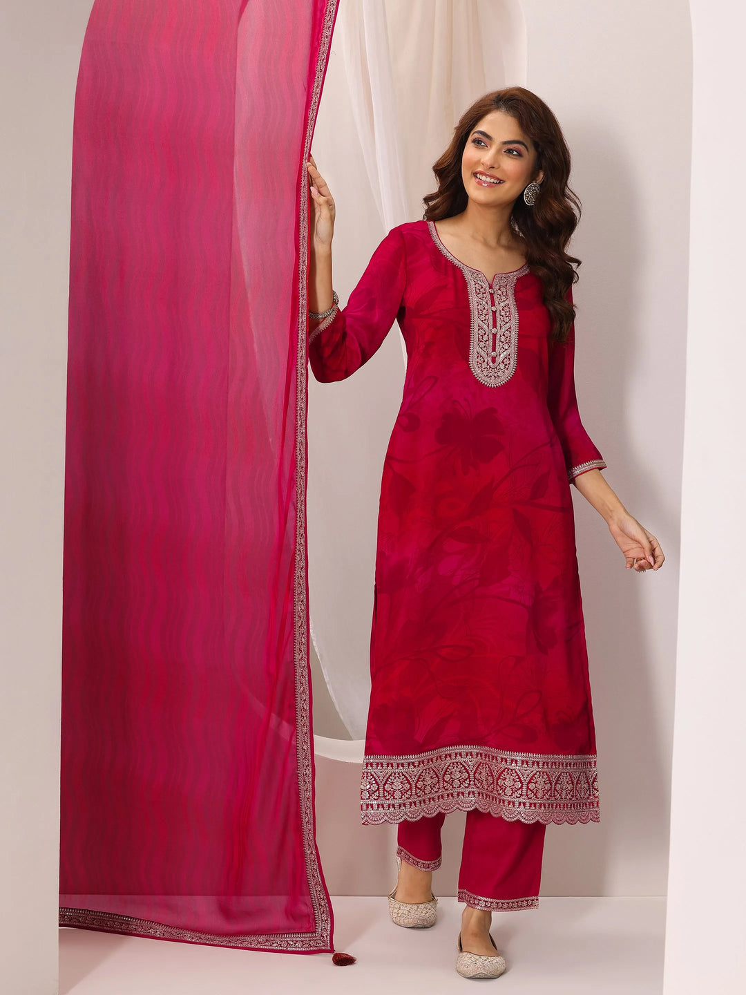  Red Printed Silk Chiffon Straight Suit Set With Dupatta 