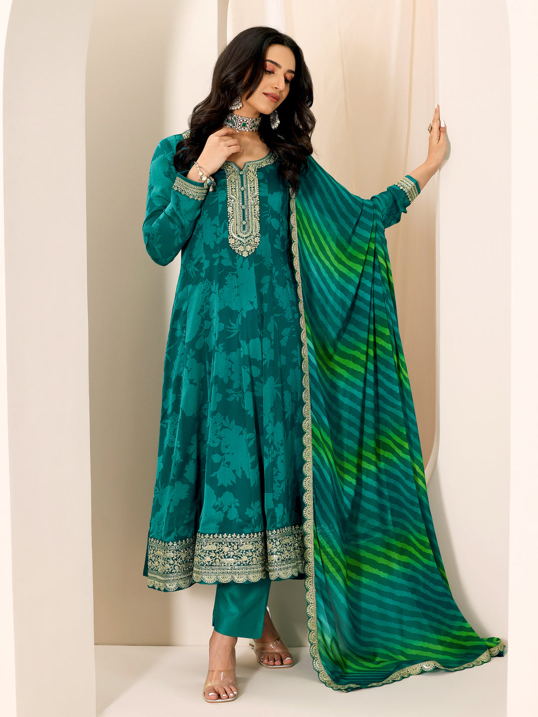  Rama Printed Silk Chiffon Anarkali Suit Set With Dupatta 