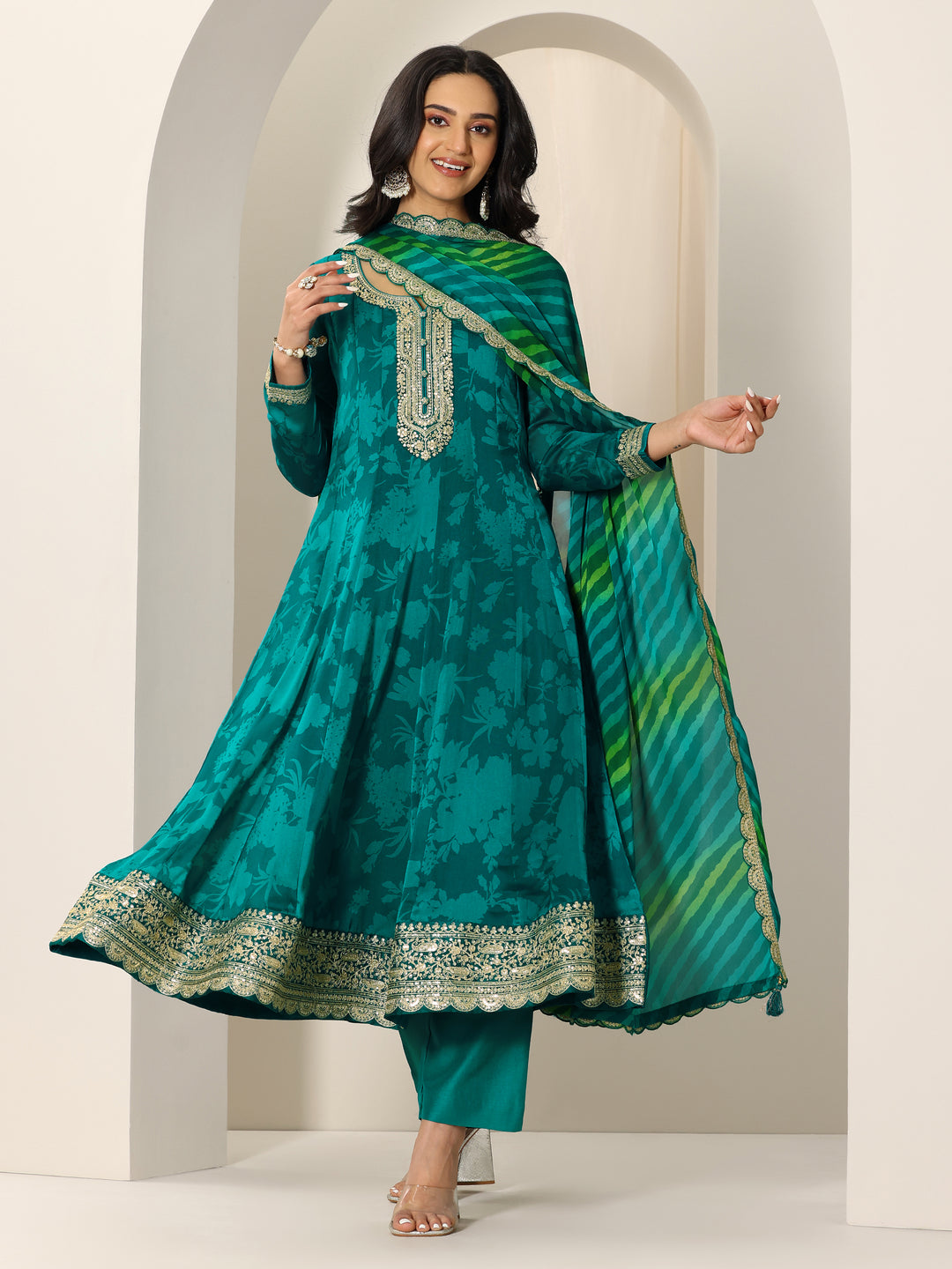  Rama Printed Silk Chiffon Anarkali Suit Set With Dupatta 