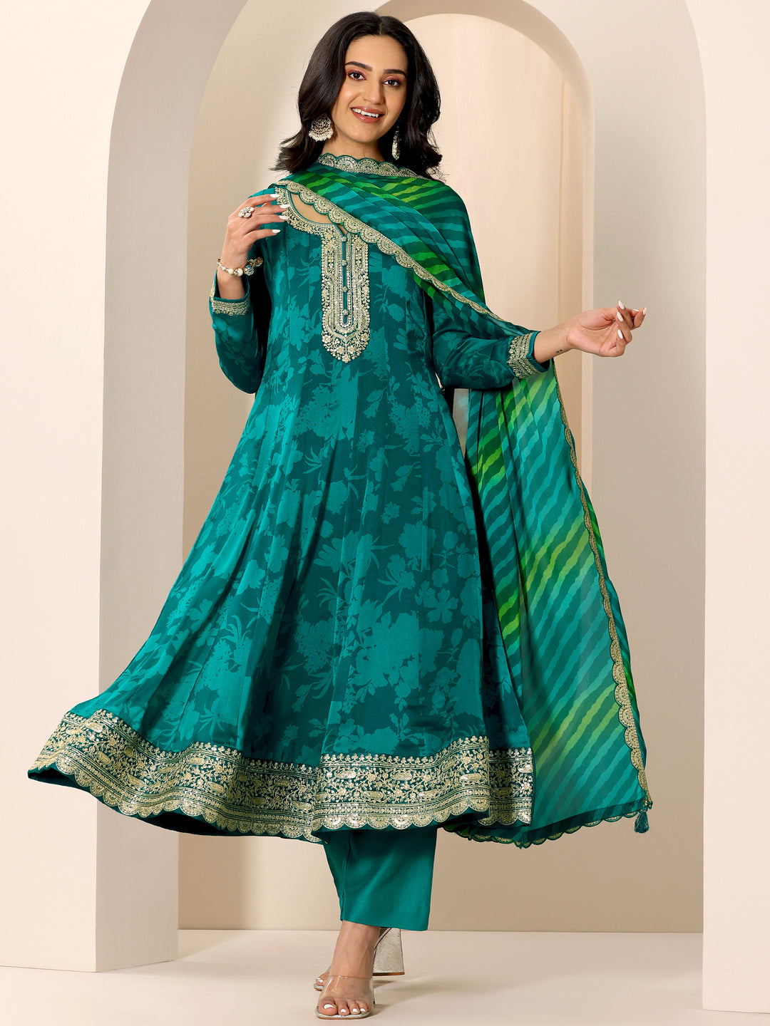 Rama Printed Silk Chiffon Anarkali Suit Set With Dupatta