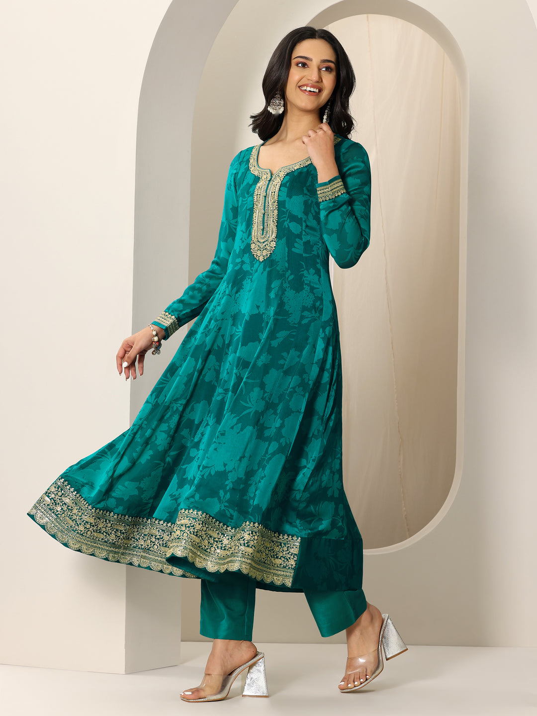  Rama Printed Silk Chiffon Anarkali Suit Set With Dupatta 