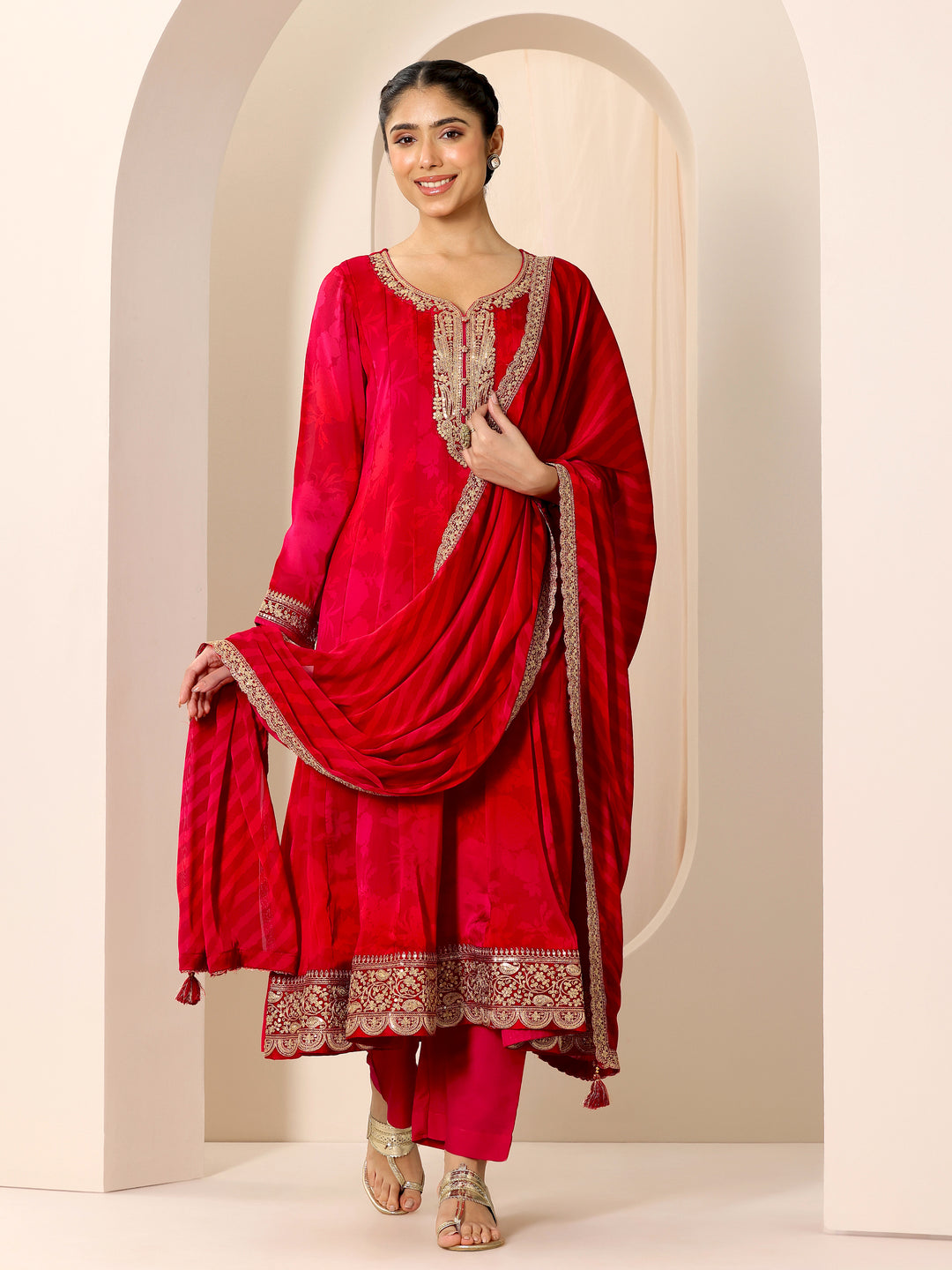  Red Printed Silk Chiffon Anarkali Suit Set With Dupatta 