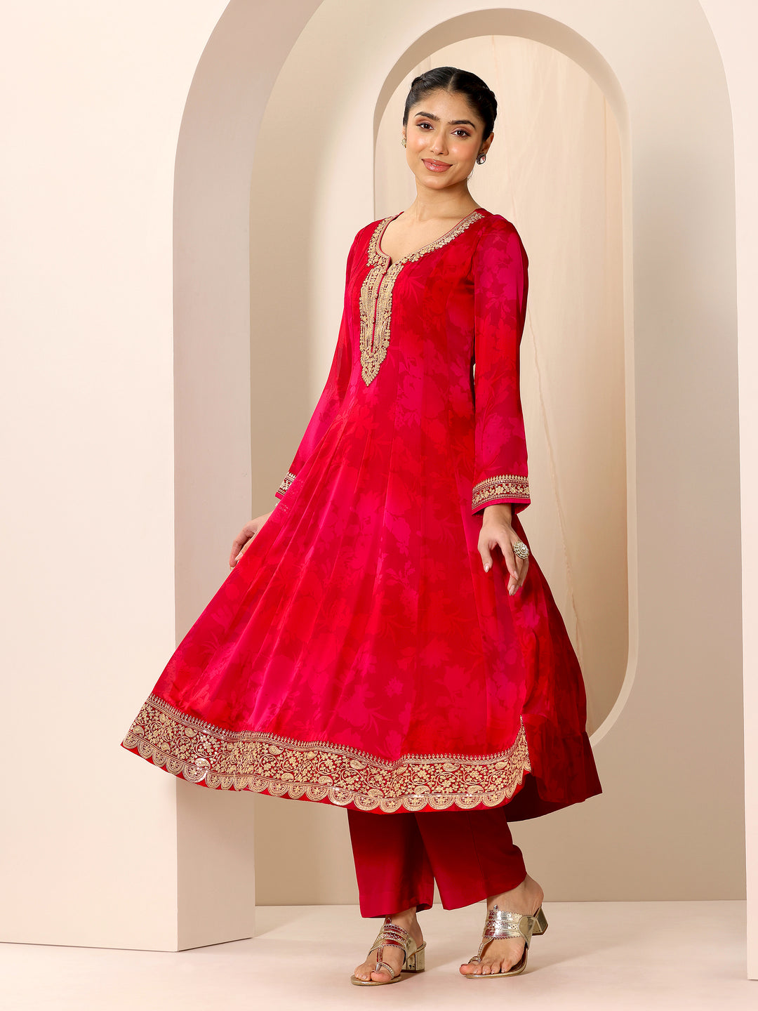  Red Printed Silk Chiffon Anarkali Suit Set With Dupatta 