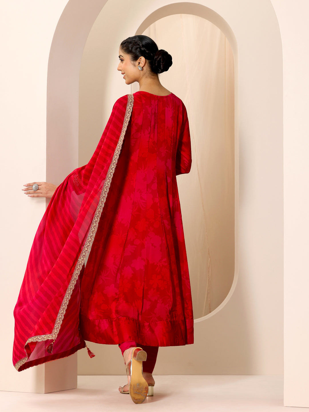  Red Printed Silk Chiffon Anarkali Suit Set With Dupatta 