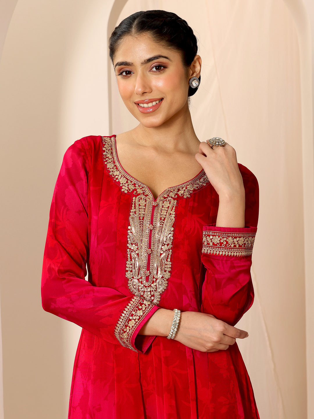  Red Printed Silk Chiffon Anarkali Suit Set With Dupatta 