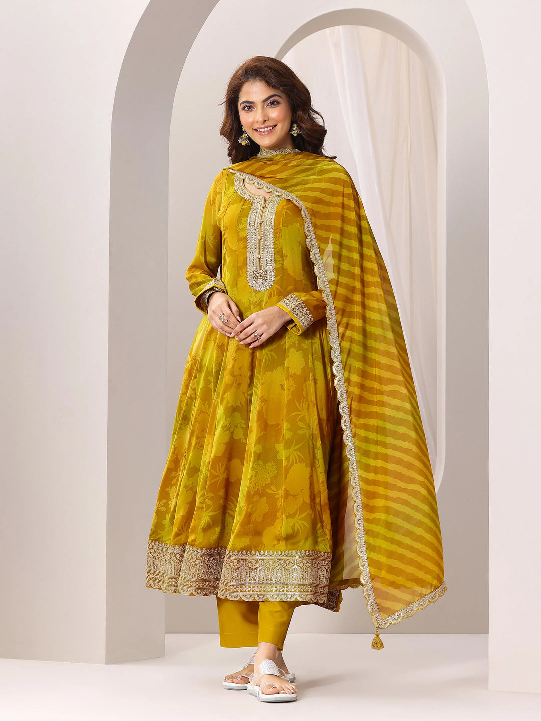  Mustard Printed Silk Chiffon Anarkali Suit Set With Dupatta 