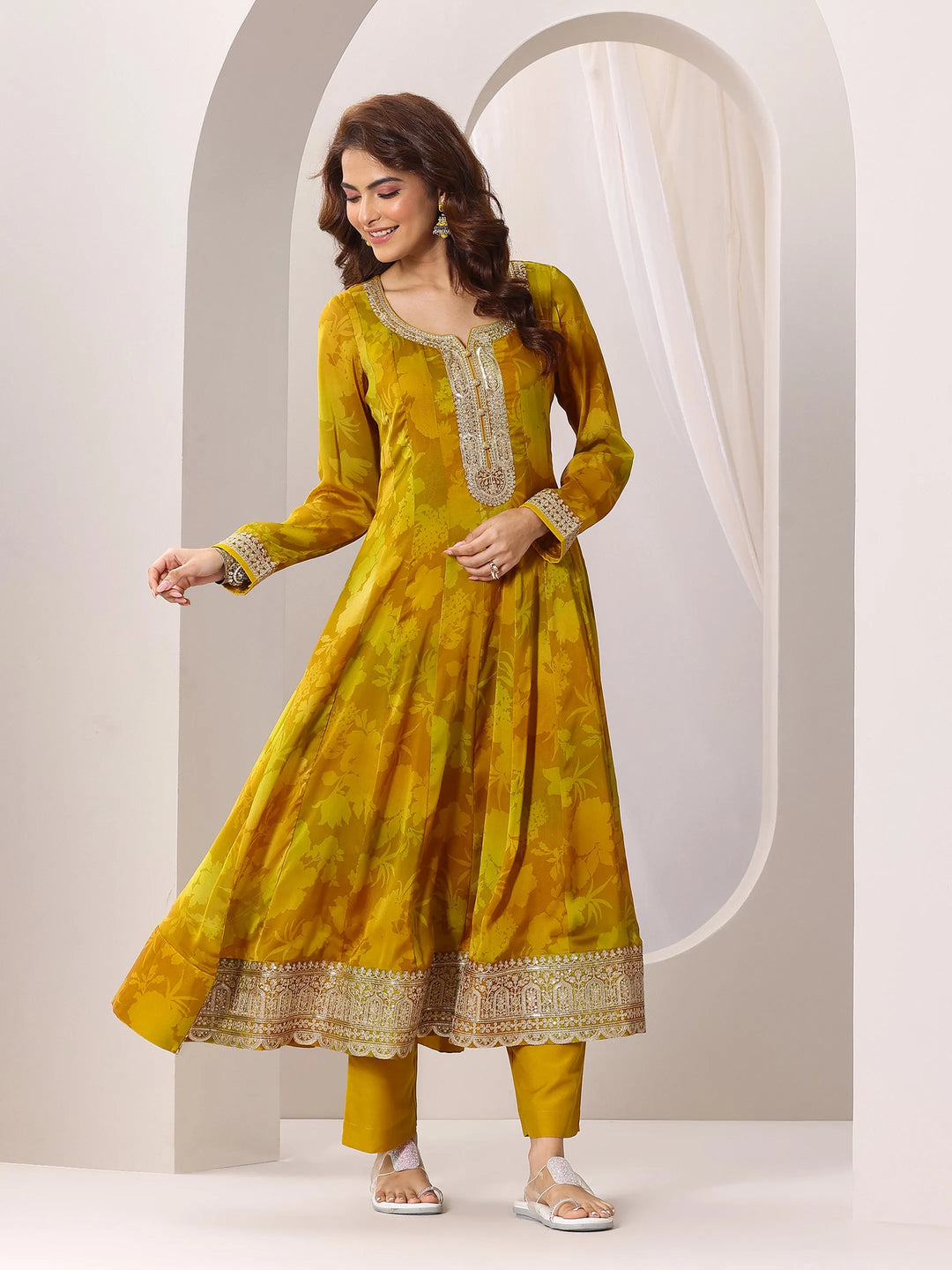  Mustard Printed Silk Chiffon Anarkali Suit Set With Dupatta 