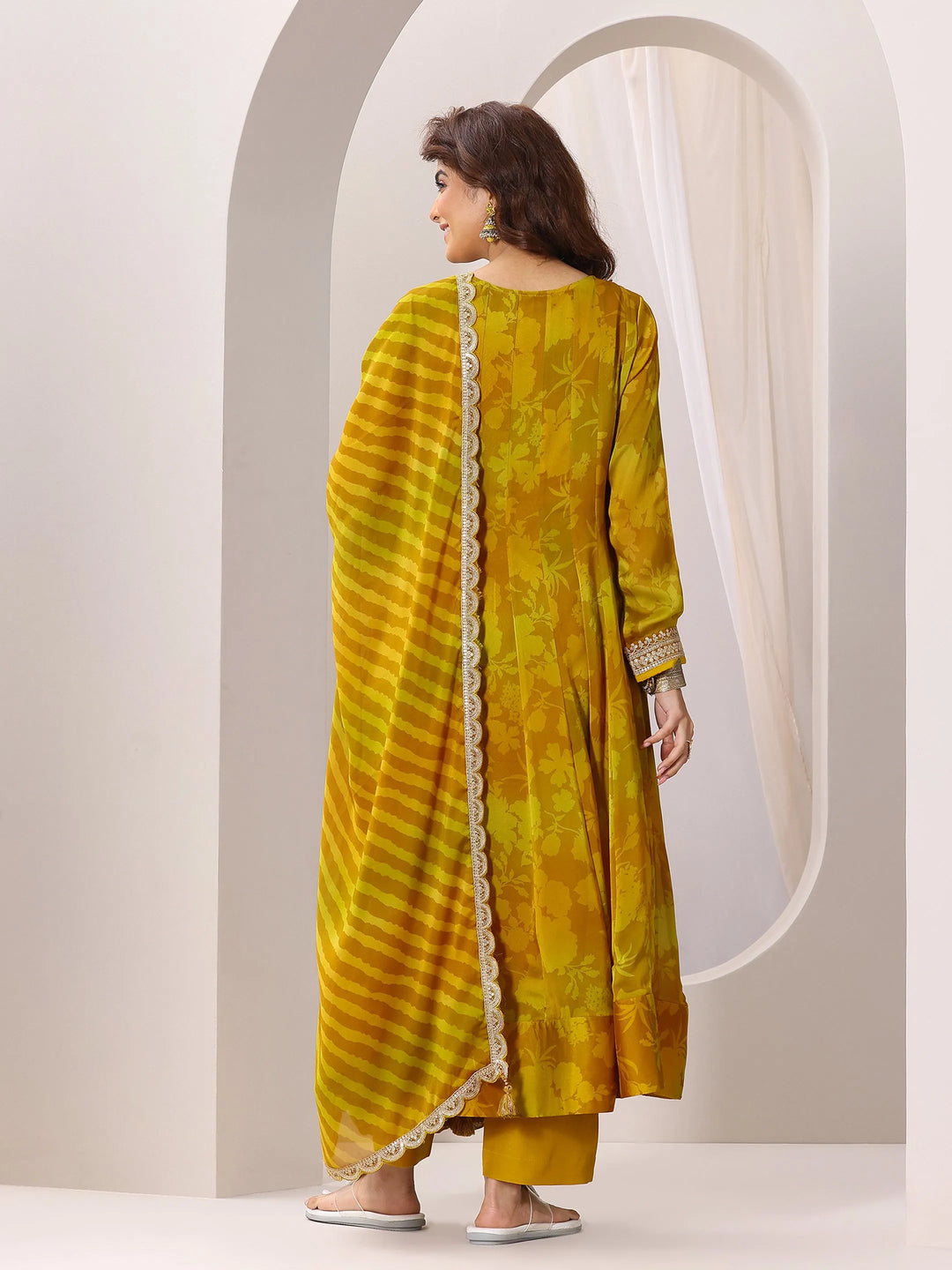  Mustard Printed Silk Chiffon Anarkali Suit Set With Dupatta 