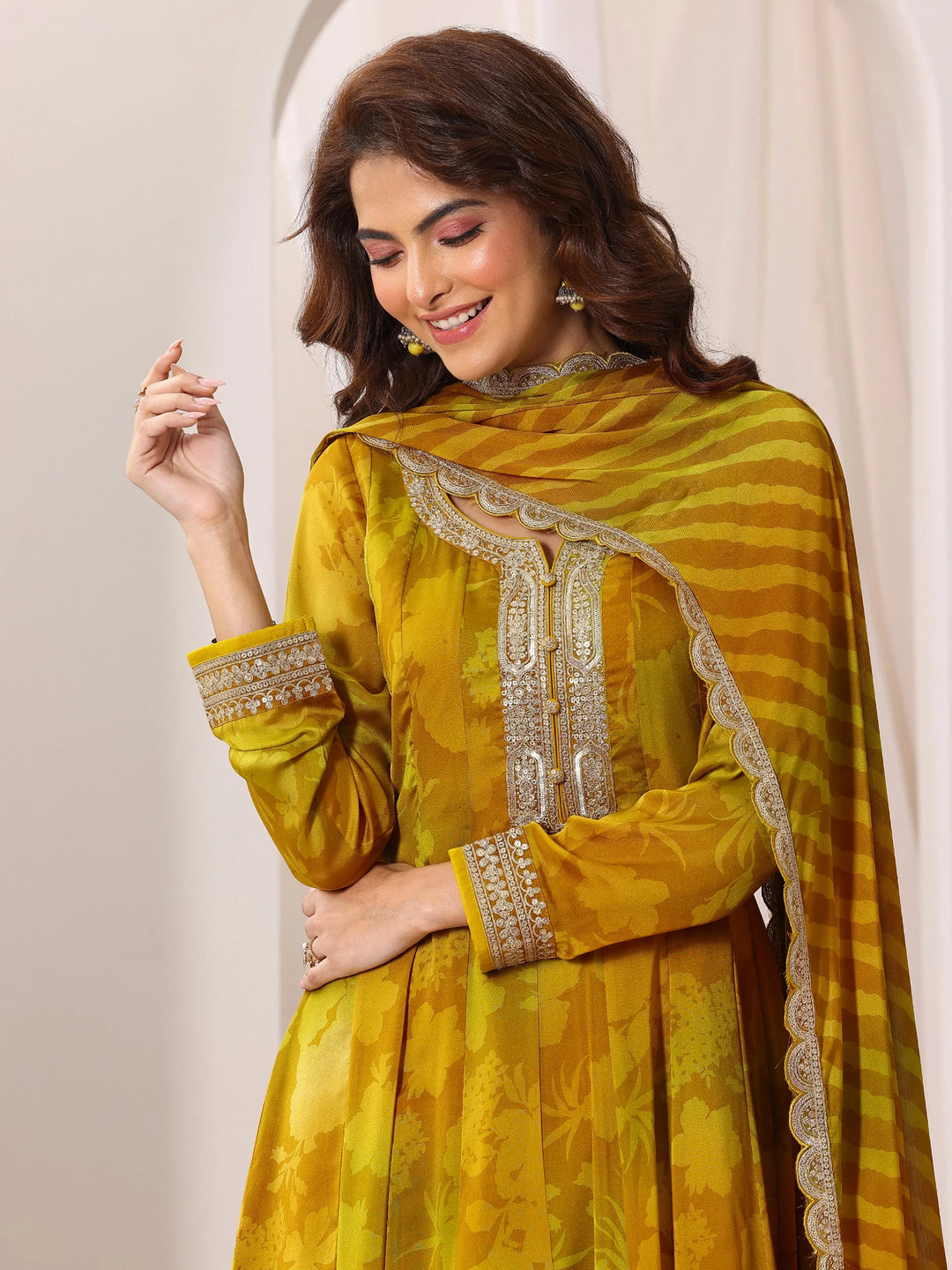  Mustard Printed Silk Chiffon Anarkali Suit Set With Dupatta 