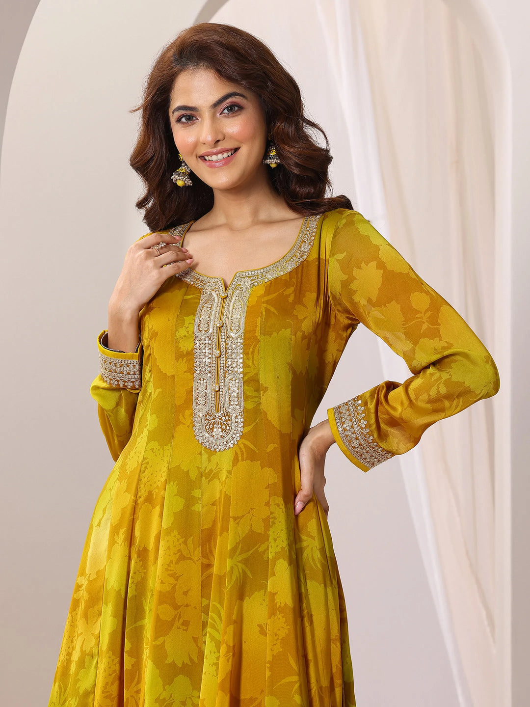  Mustard Printed Silk Chiffon Anarkali Suit Set With Dupatta 