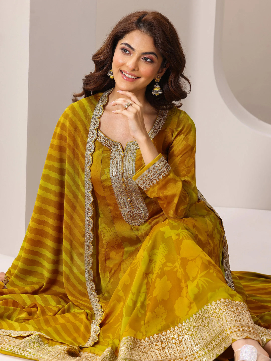  Mustard Printed Silk Chiffon Anarkali Suit Set With Dupatta 