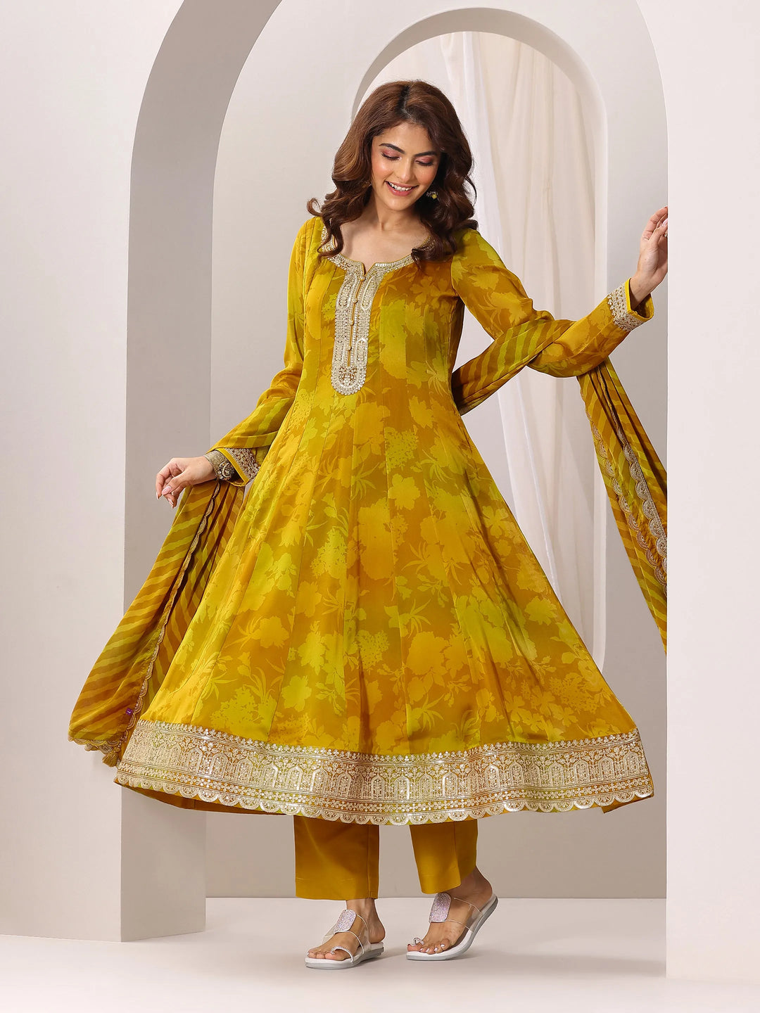  Mustard Printed Silk Chiffon Anarkali Suit Set With Dupatta 