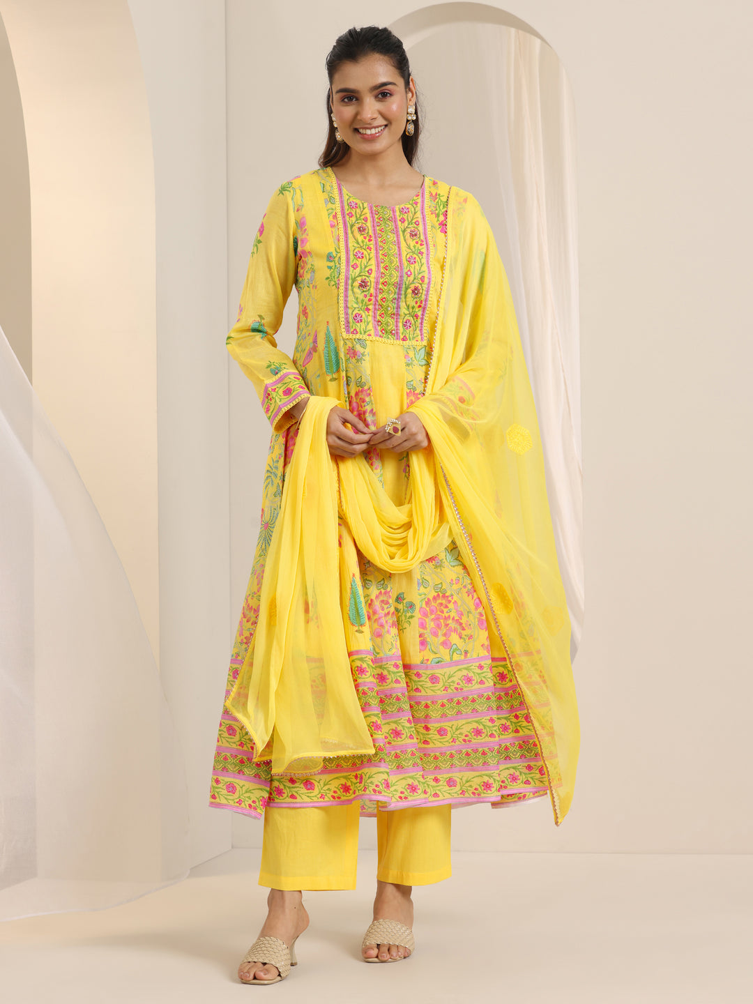  Yellow Printed Cotton Anarkali Suit Set With Dupatta 