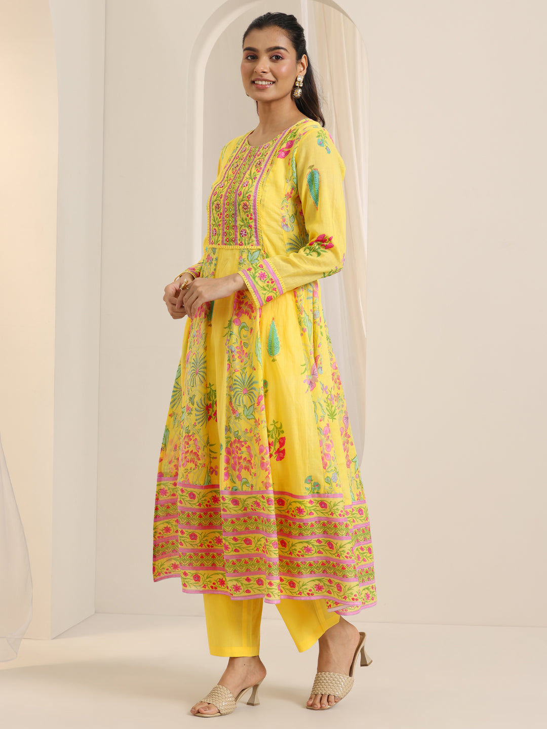  Yellow Printed Cotton Anarkali Suit Set With Dupatta 