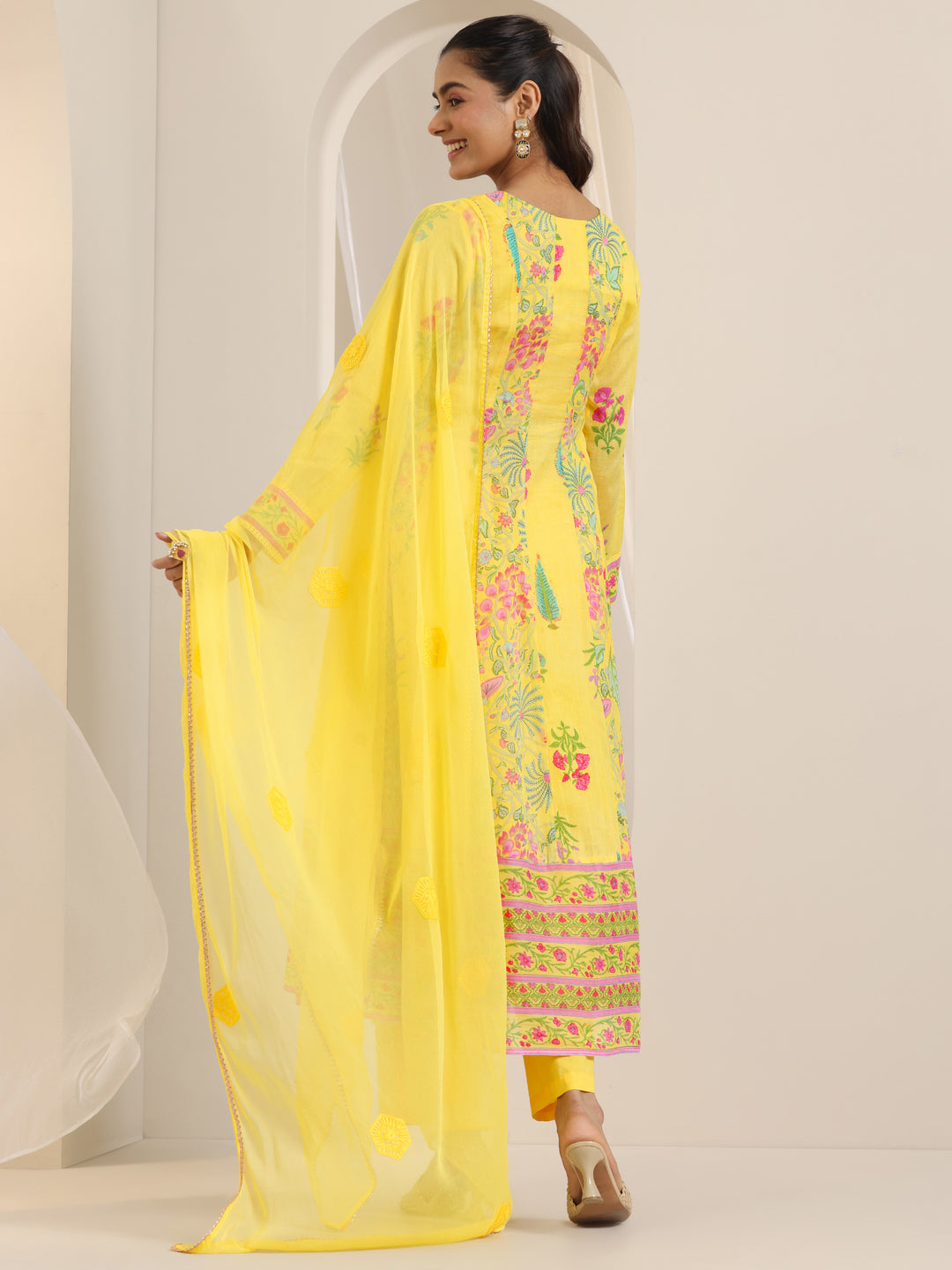  Yellow Printed Cotton Anarkali Suit Set With Dupatta 