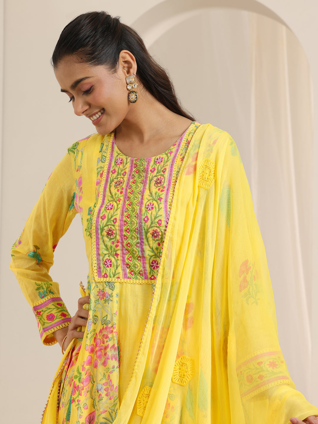  Yellow Printed Cotton Anarkali Suit Set With Dupatta 