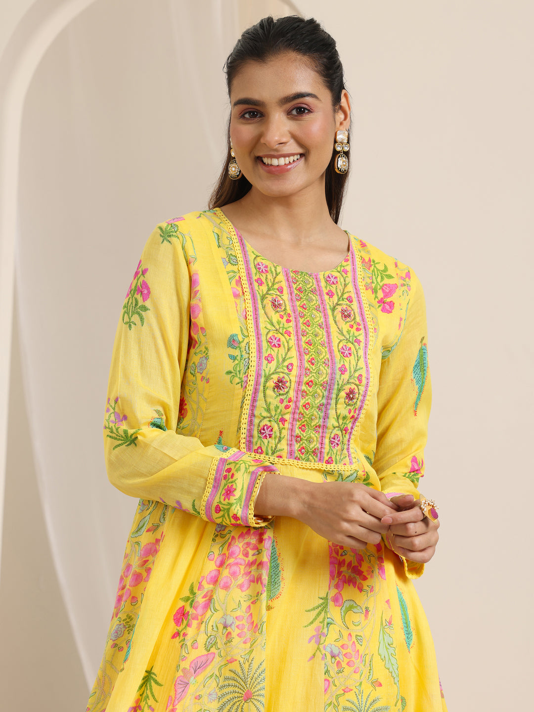  Yellow Printed Cotton Anarkali Suit Set With Dupatta 