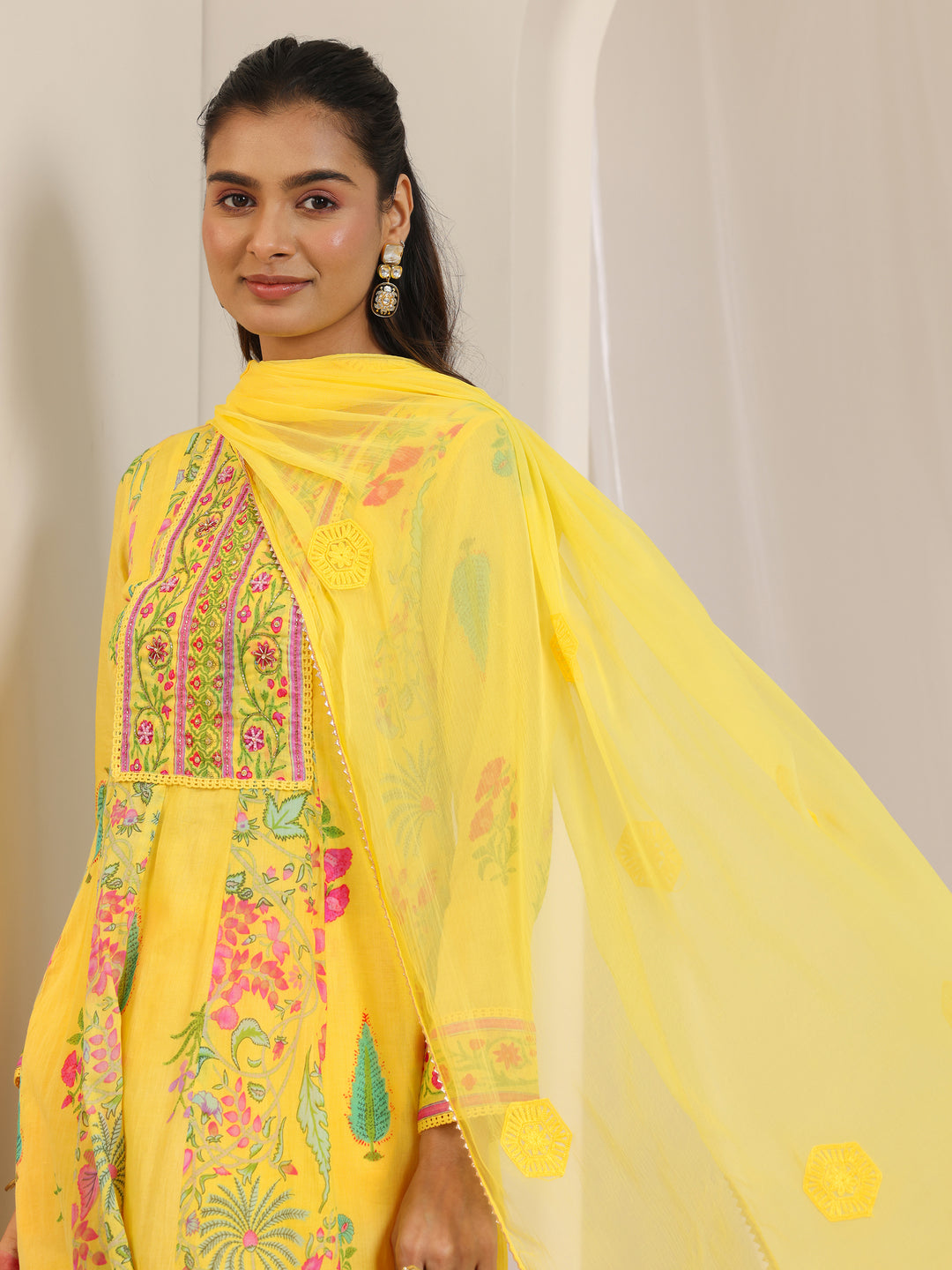 Yellow Printed Cotton Anarkali Suit Set With Dupatta