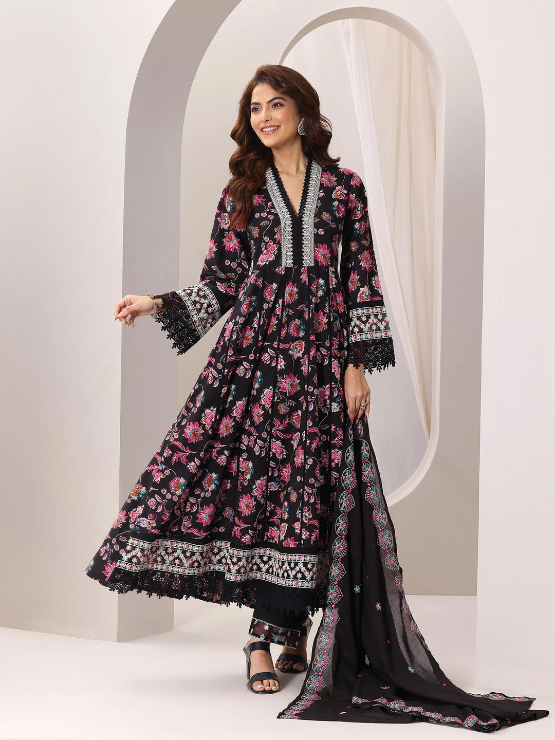  Black Printed Cotton Anarkali Suit Set With Dupatta 